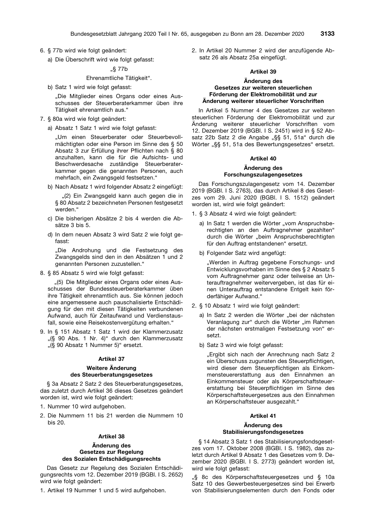 BGBl. 2020, Seite 3133 — Originalseite als Abbildung