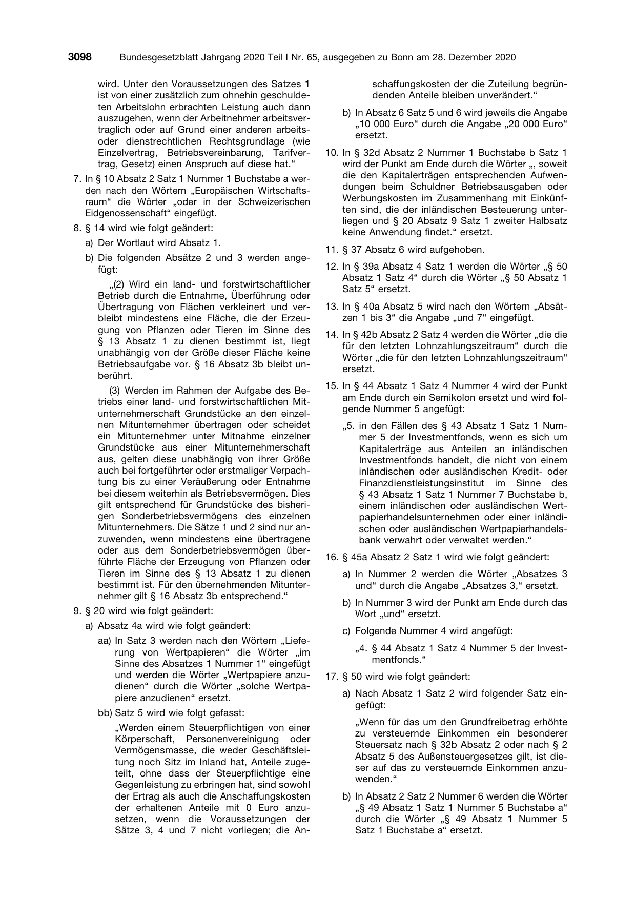 BGBl. 2020, Seite 3098 — Originalseite als Abbildung
