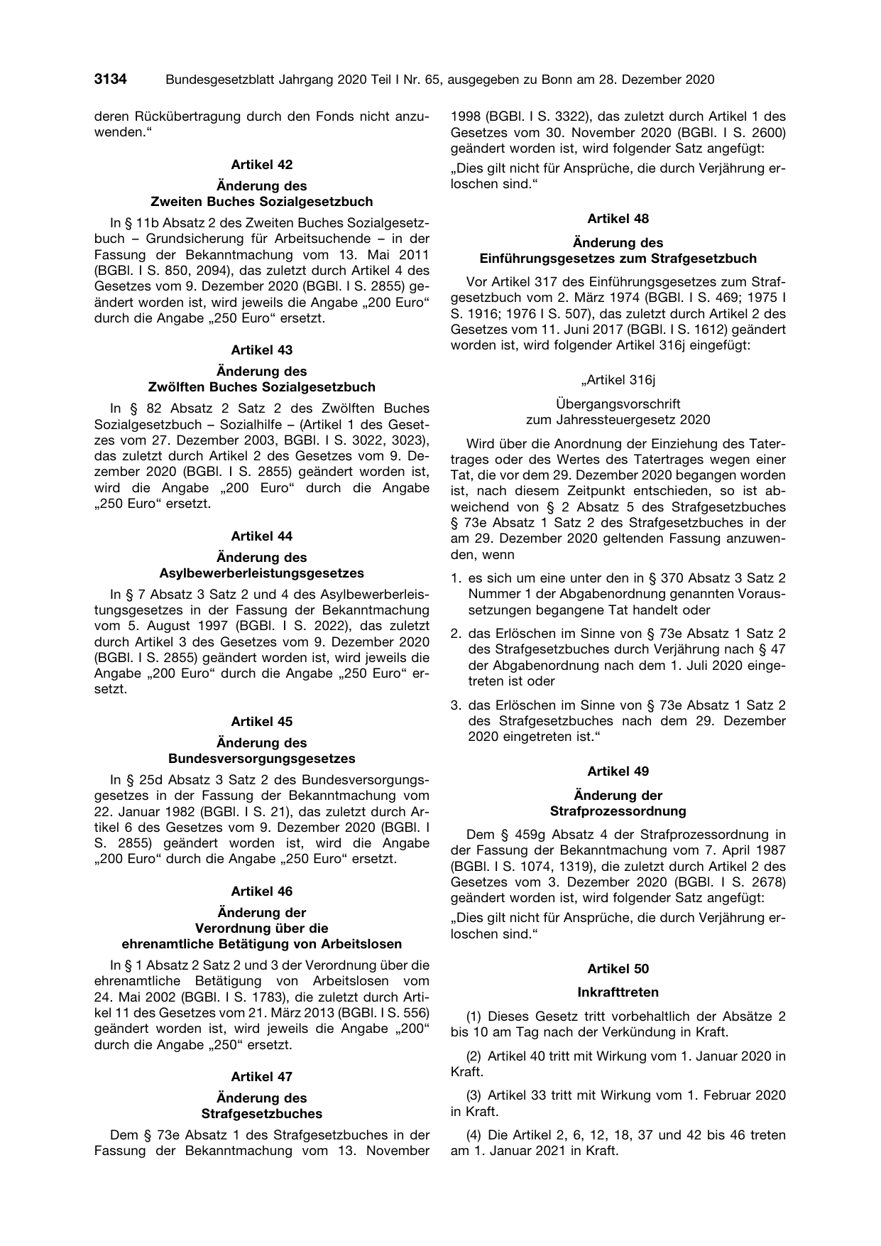 BGBl. 2020, Seite 3134 — Originalseite als Abbildung