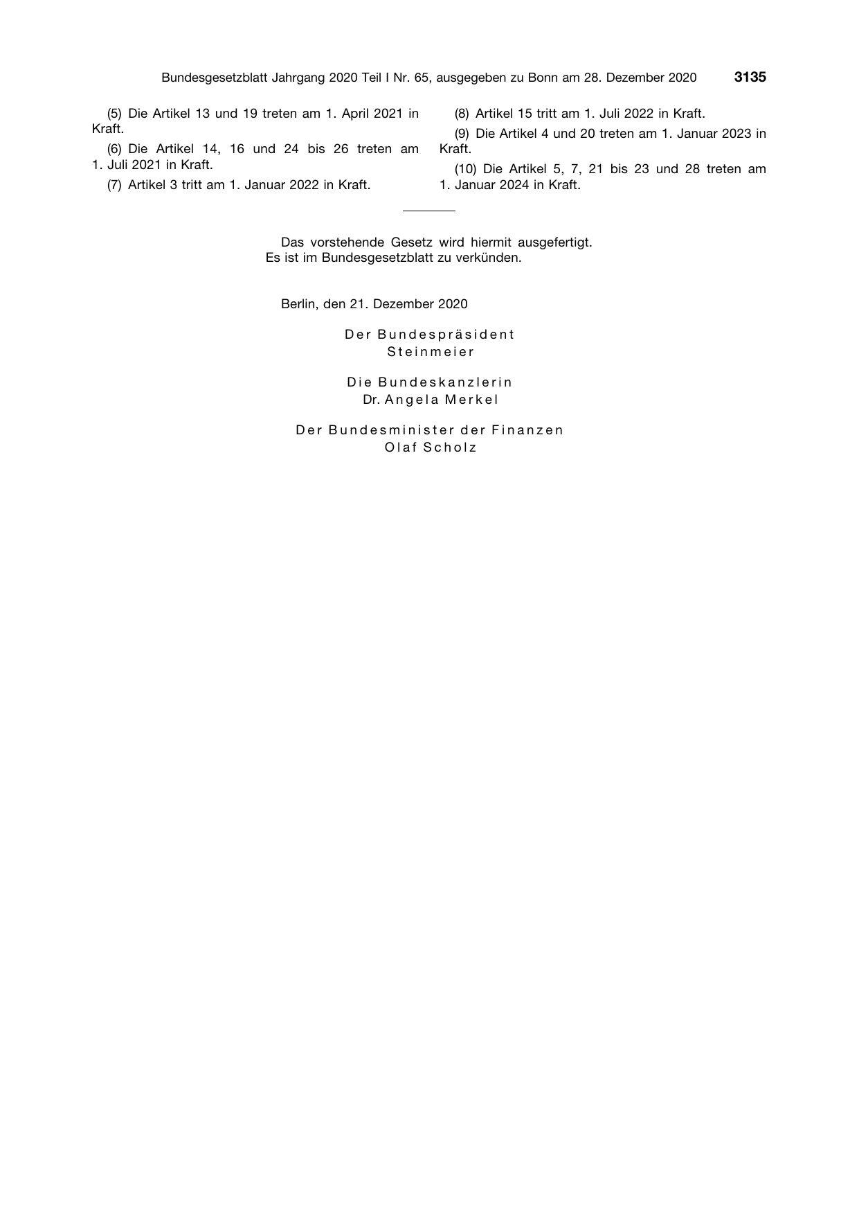 BGBl. 2020, Seite 3135 — Originalseite als Abbildung
