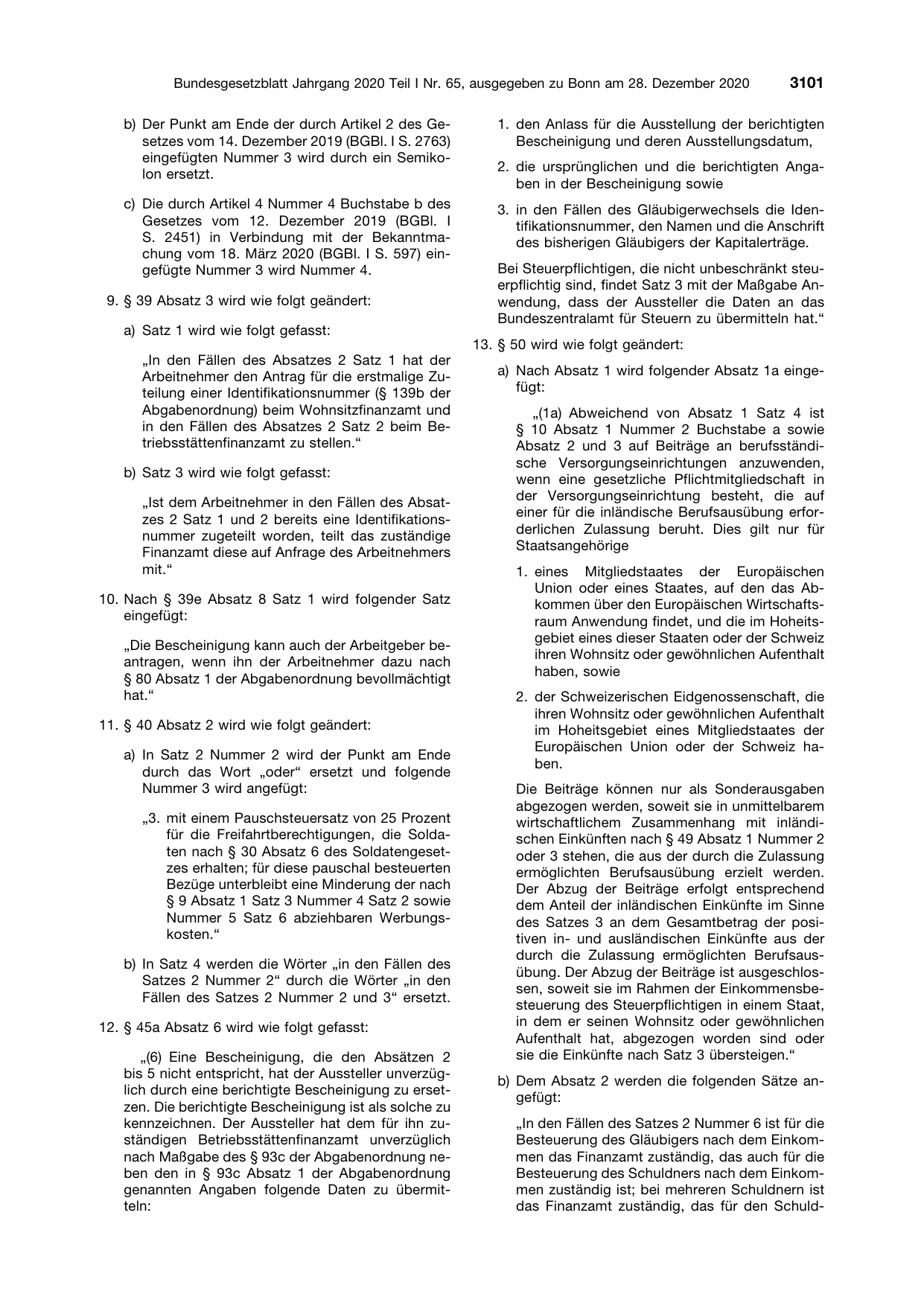BGBl. 2020, Seite 3101 — Originalseite als Abbildung