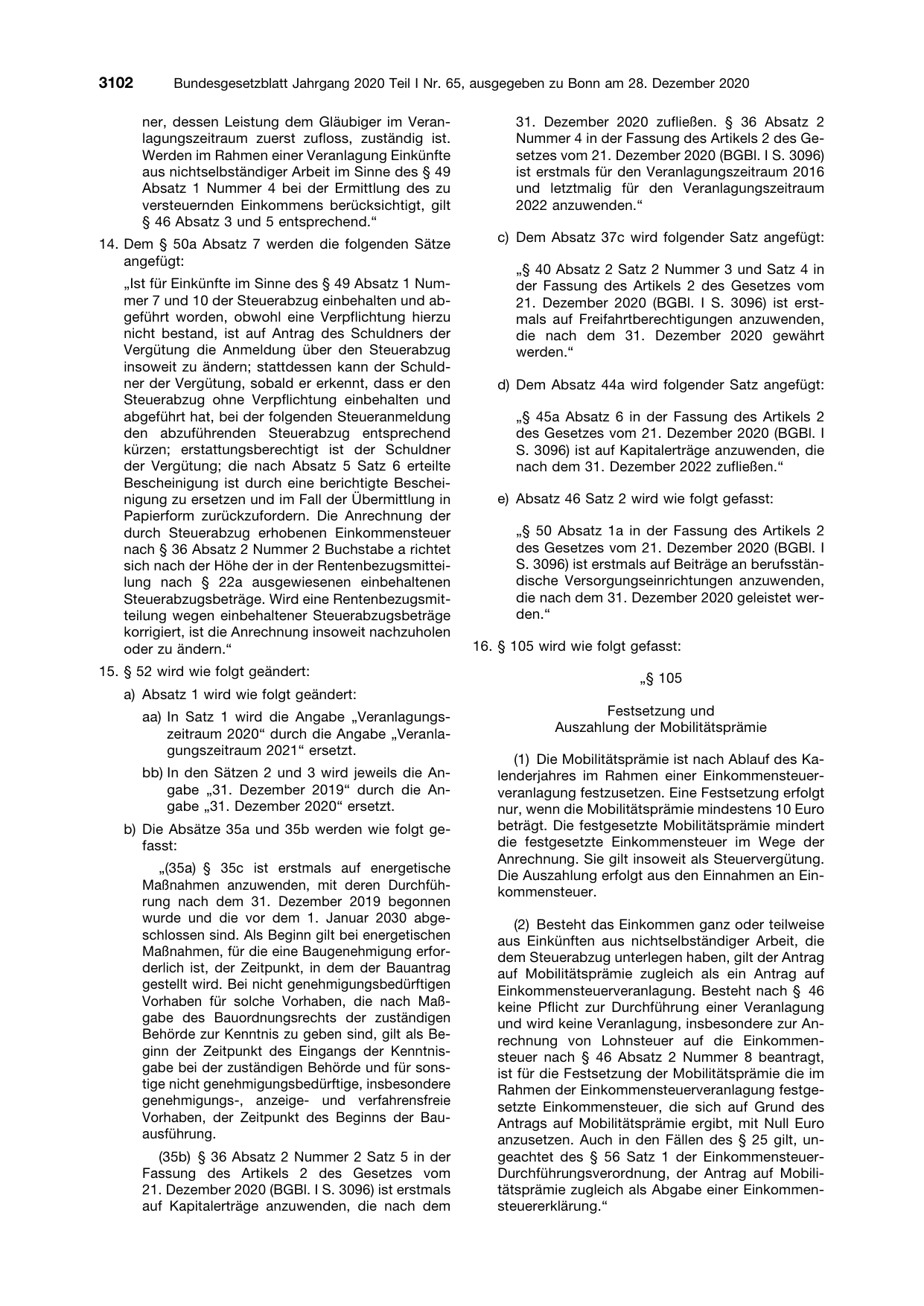 BGBl. 2020, Seite 3102 — Originalseite als Abbildung