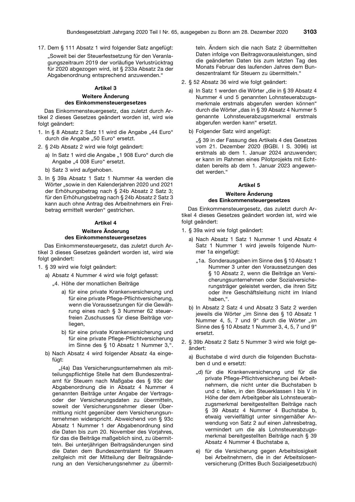 BGBl. 2020, Seite 3103 — Originalseite als Abbildung