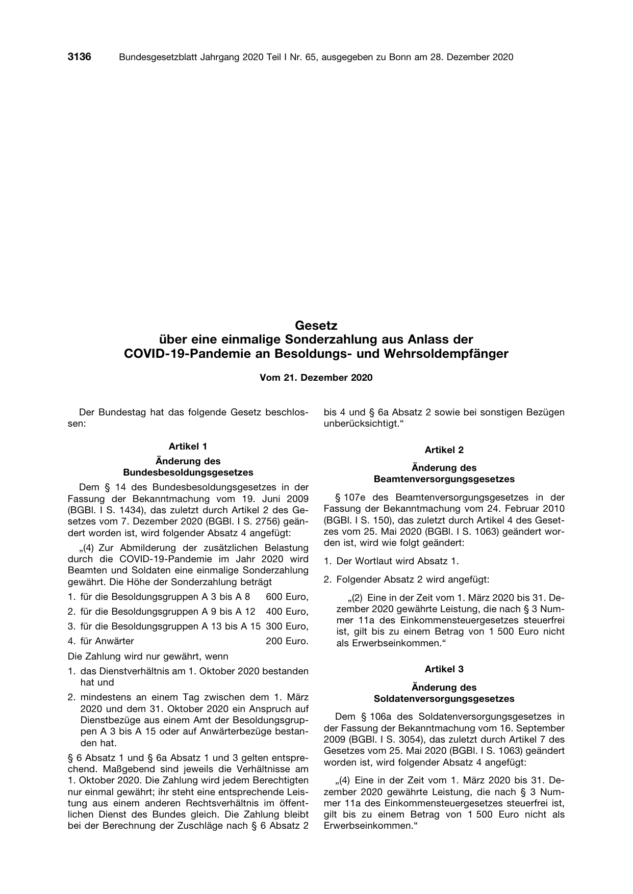 BGBl. 2020, Seite 3136 — Originalseite als Abbildung