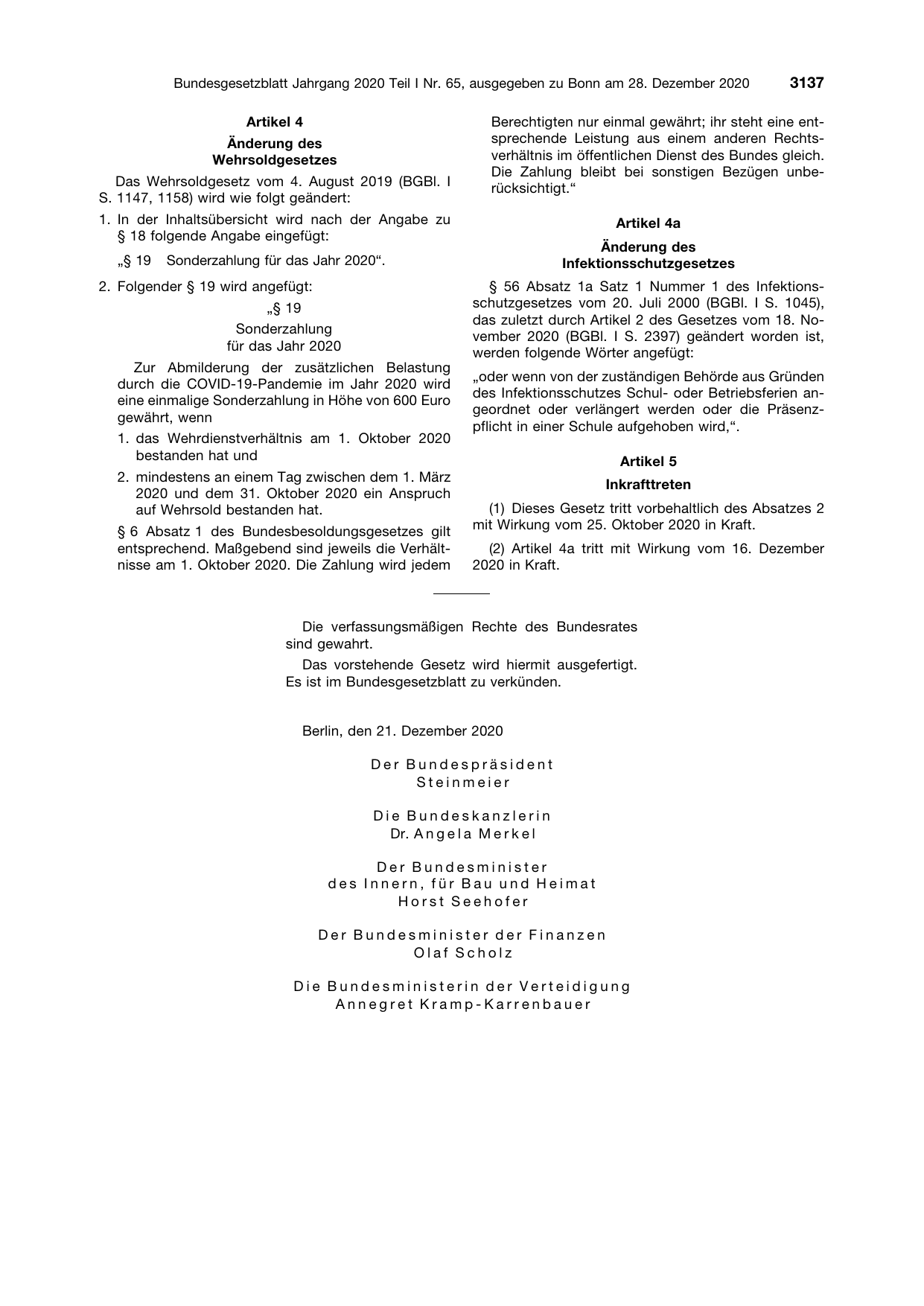 BGBl. 2020, Seite 3137 — Originalseite als Abbildung