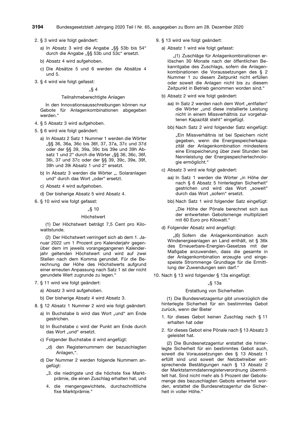 BGBl. 2020, Seite 3194 — Originalseite als Abbildung