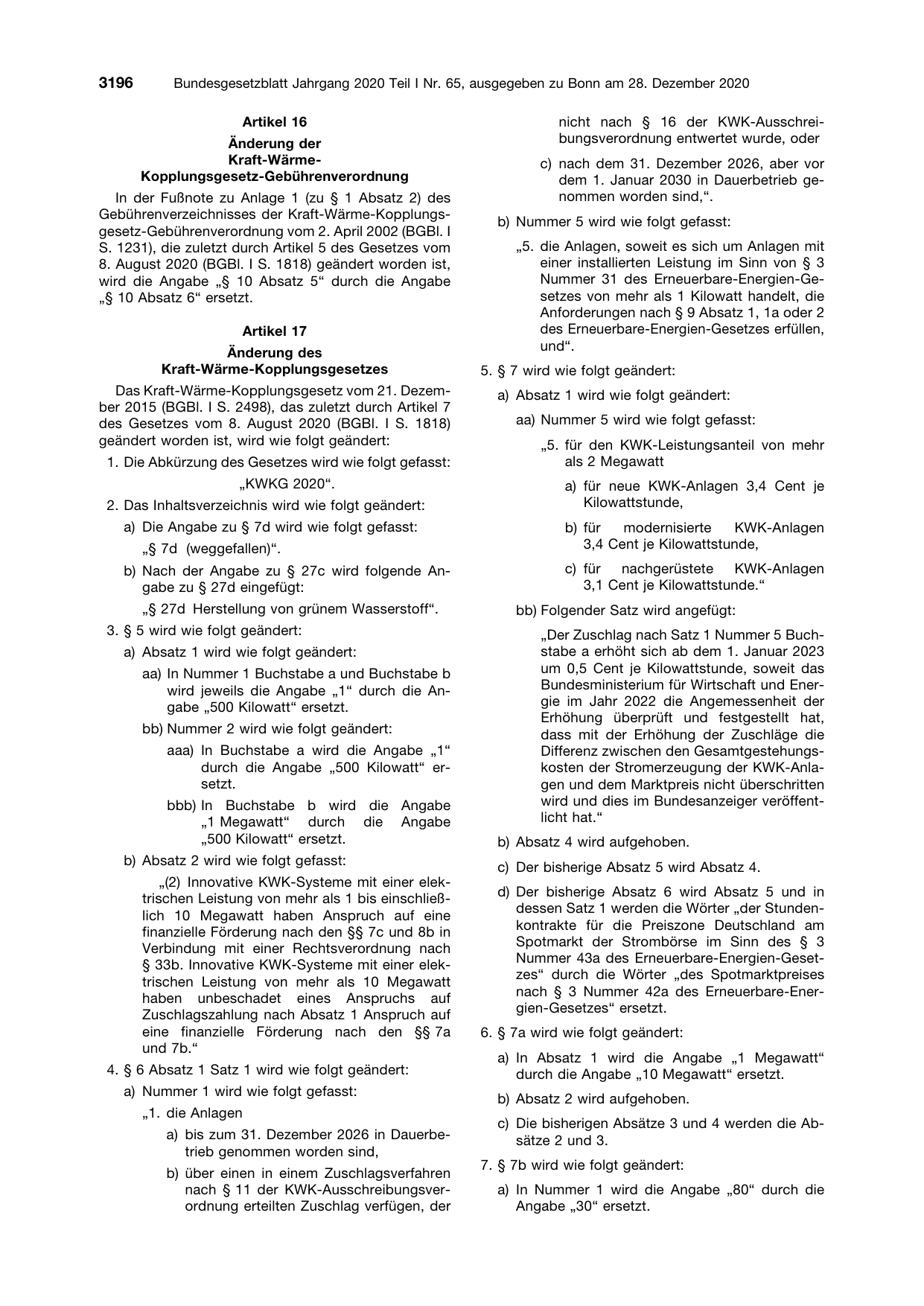 BGBl. 2020, Seite 3196 — Originalseite als Abbildung