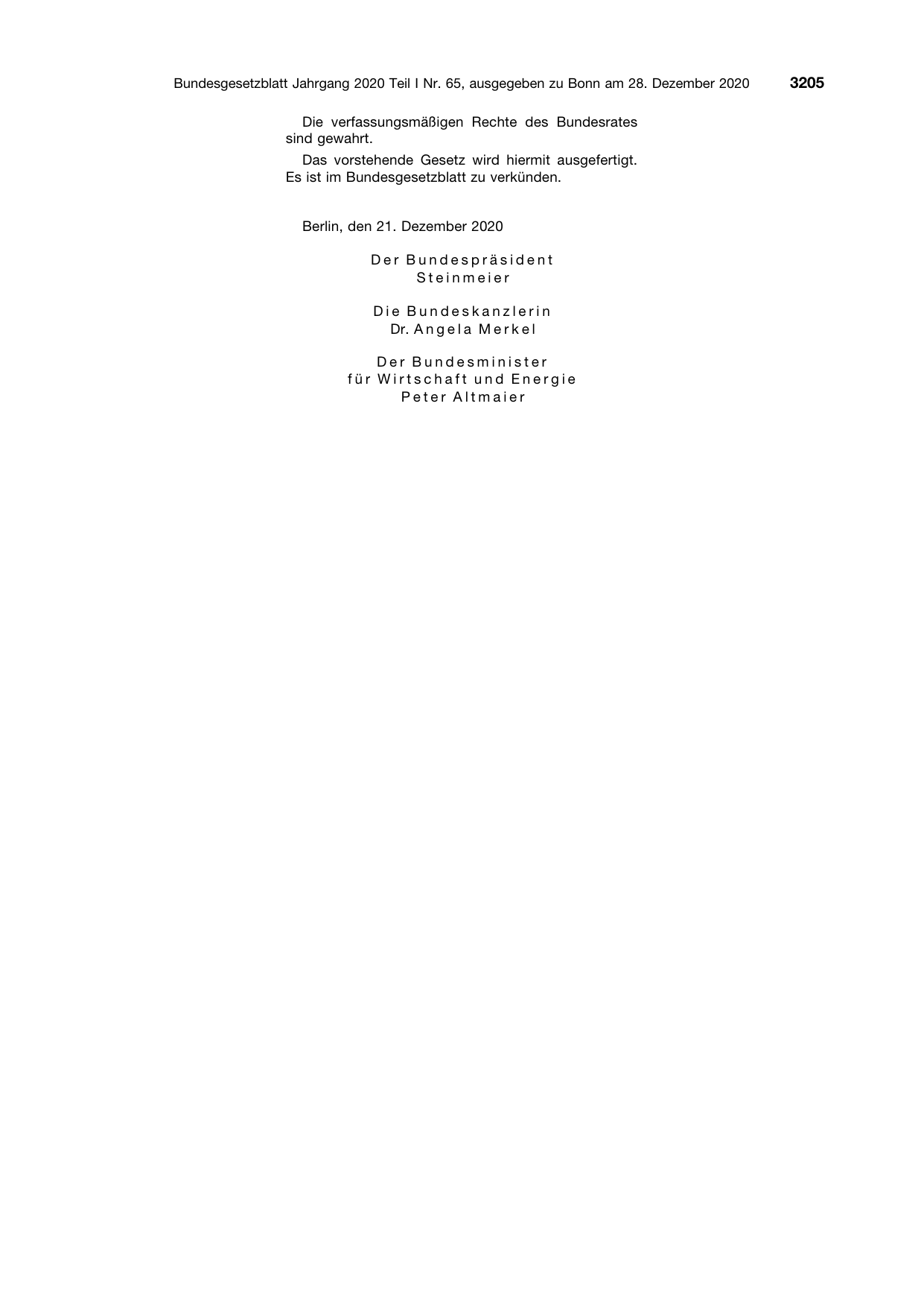 BGBl. 2020, Seite 3205 — Originalseite als Abbildung