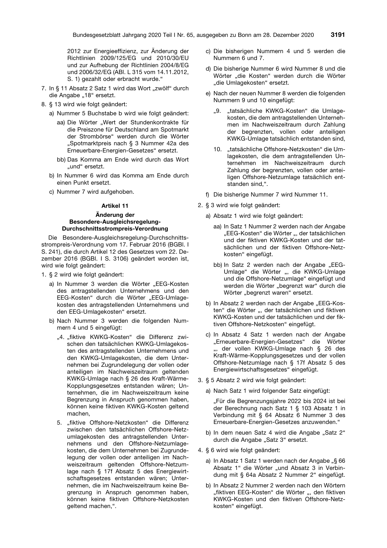 BGBl. 2020, Seite 3191 — Originalseite als Abbildung