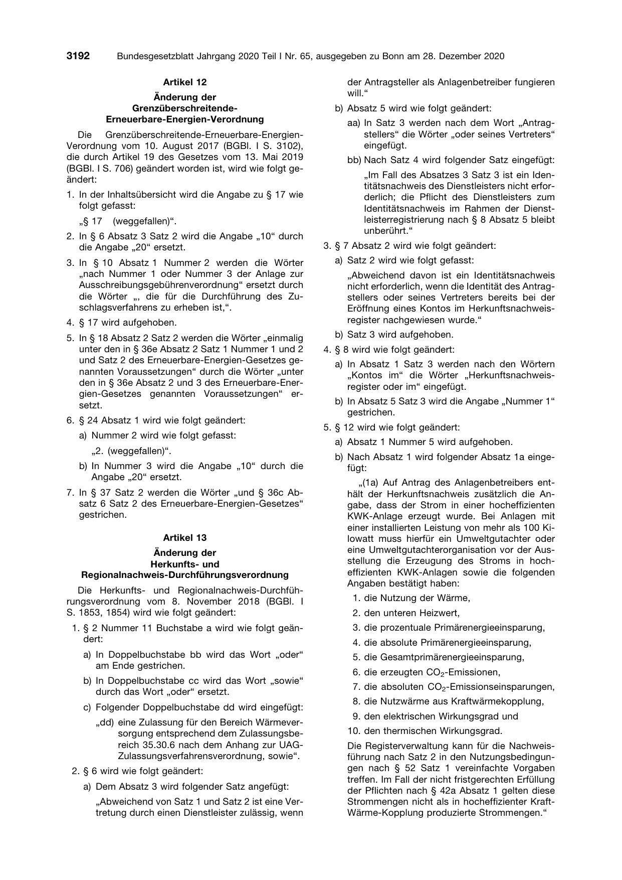 BGBl. 2020, Seite 3192 — Originalseite als Abbildung