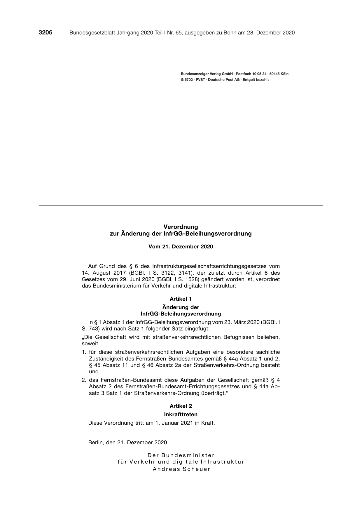 BGBl. 2020, Seite 3206 — Originalseite als Abbildung