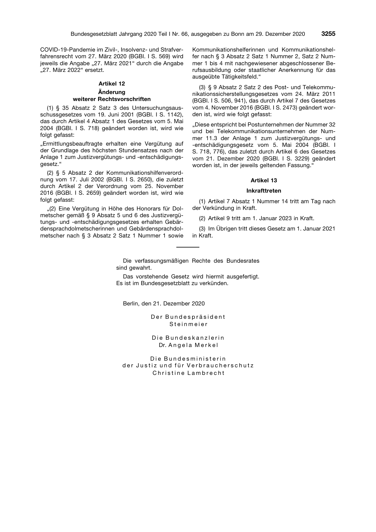 BGBl. 2020, Seite 3255 — Originalseite als Abbildung