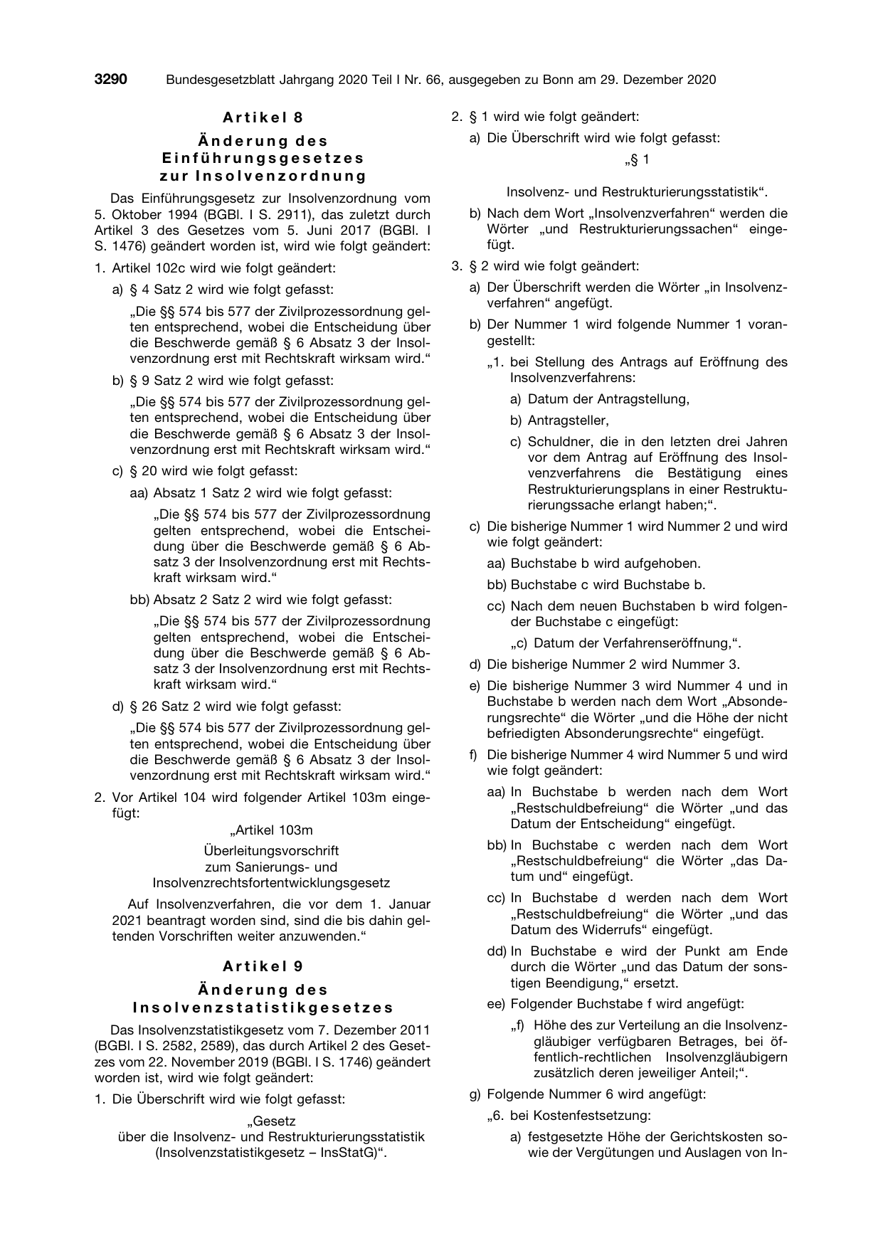 BGBl. 2020, Seite 3290 — Originalseite als Abbildung