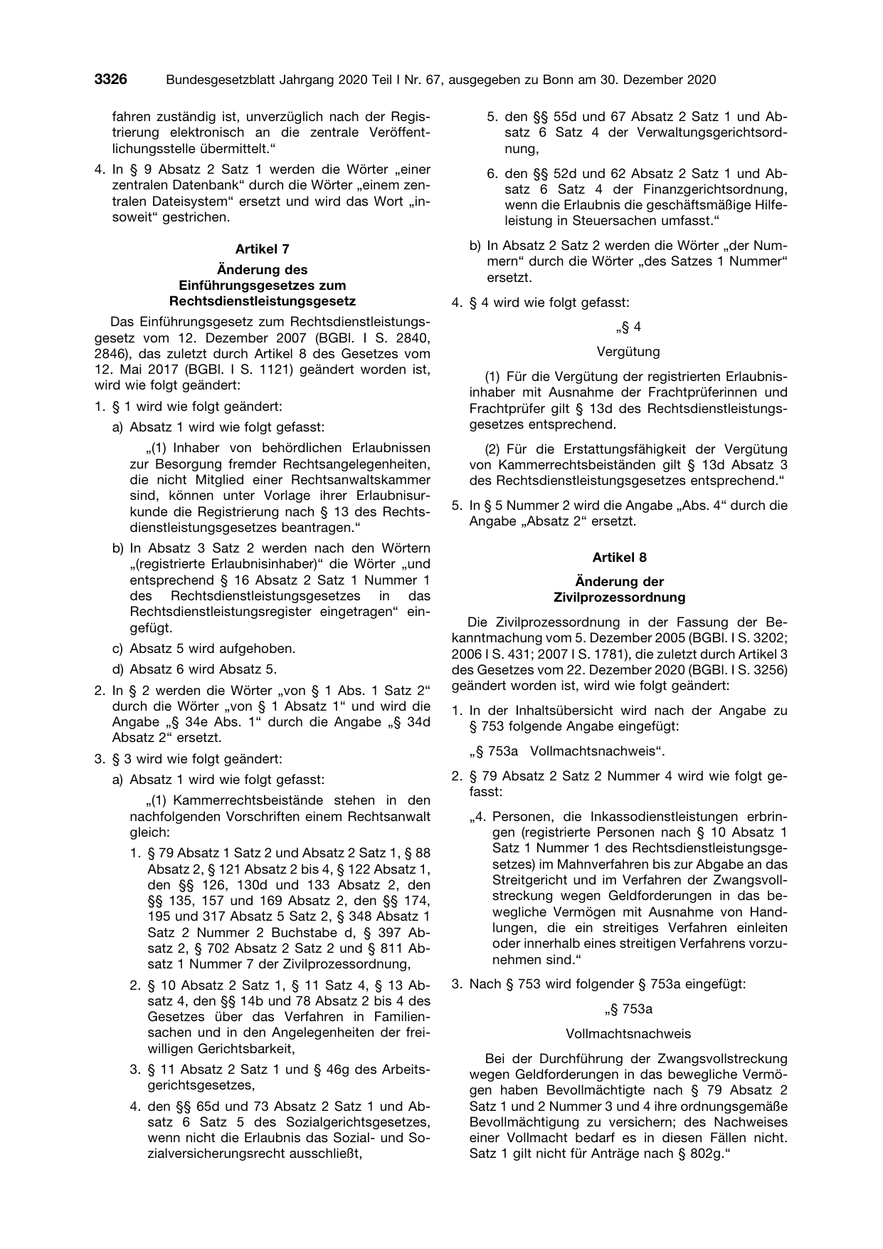 BGBl. 2020, Seite 3326 — Originalseite als Abbildung