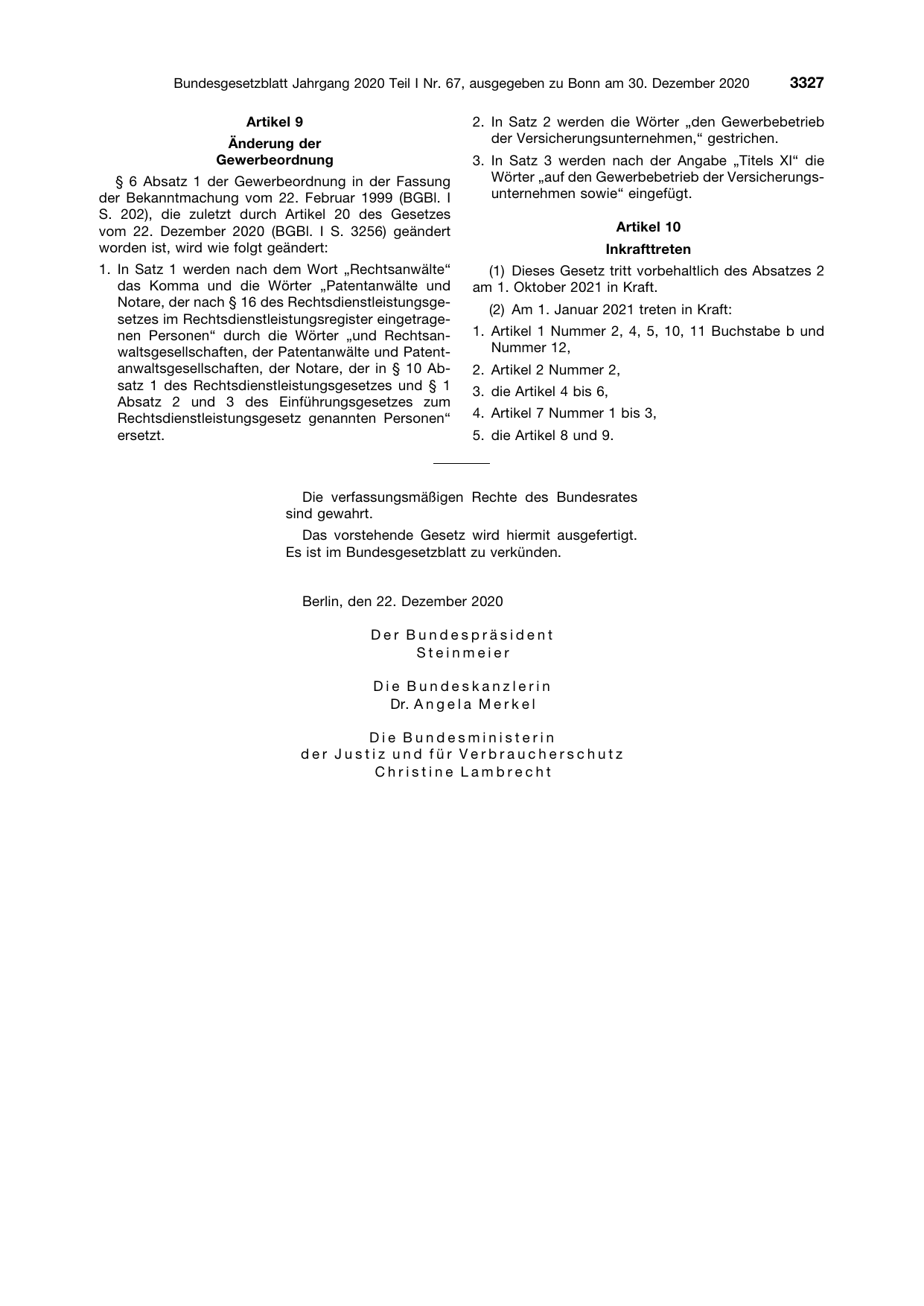 BGBl. 2020, Seite 3327 — Originalseite als Abbildung