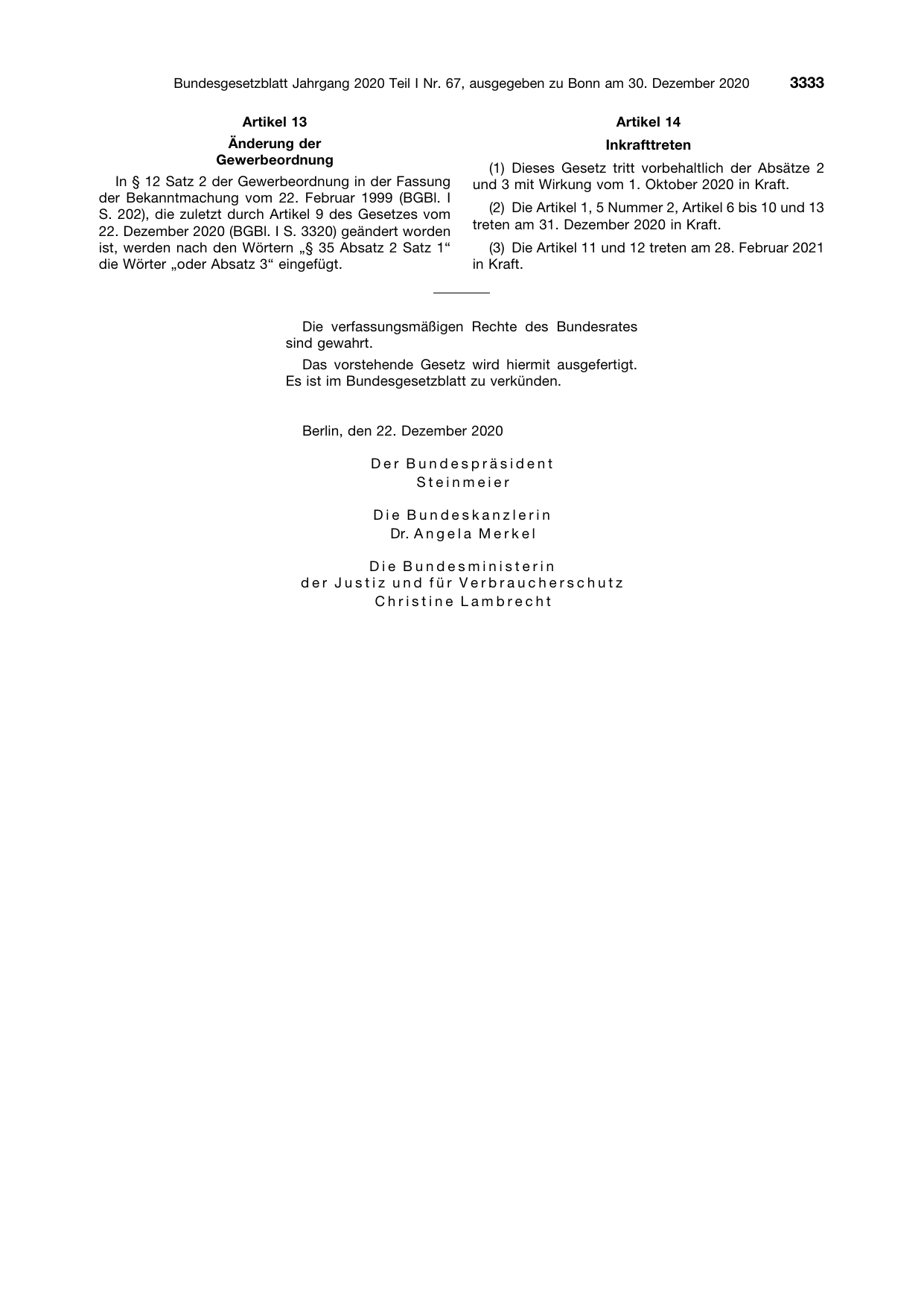 BGBl. 2020, Seite 3333 — Originalseite als Abbildung