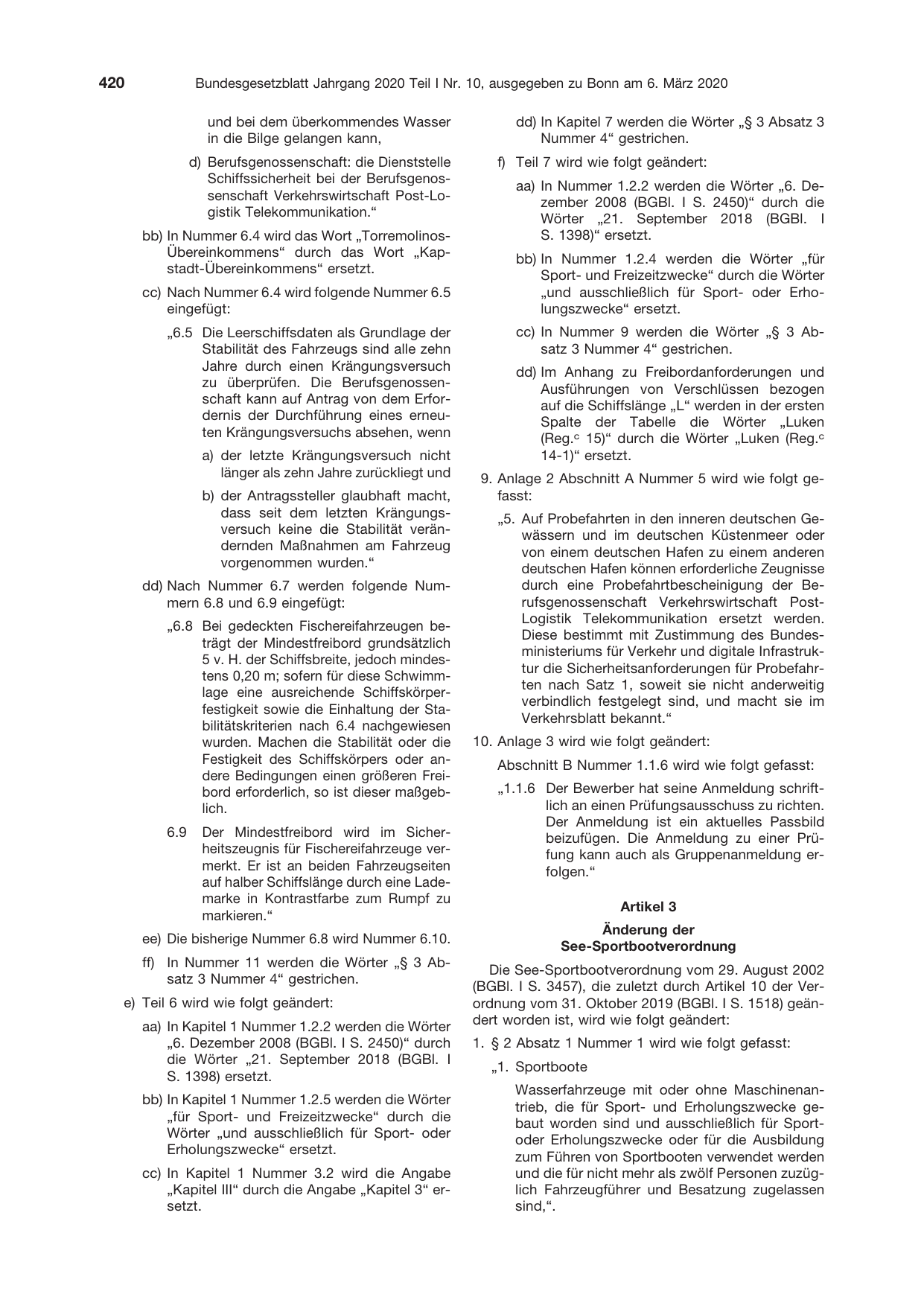 BGBl. 2020, Seite 420 — Originalseite als Abbildung