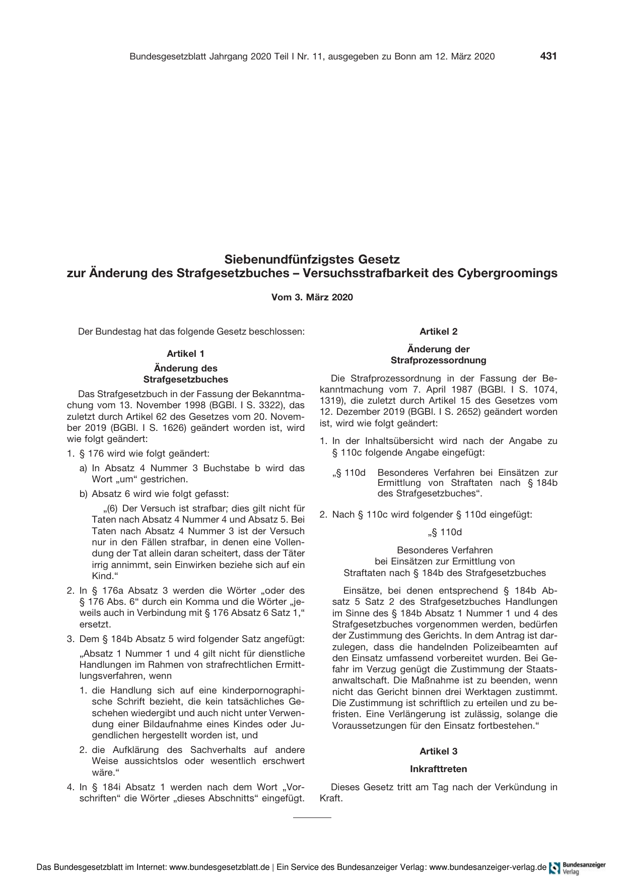 BGBl. 2020, Seite 431 — Originalseite als Abbildung