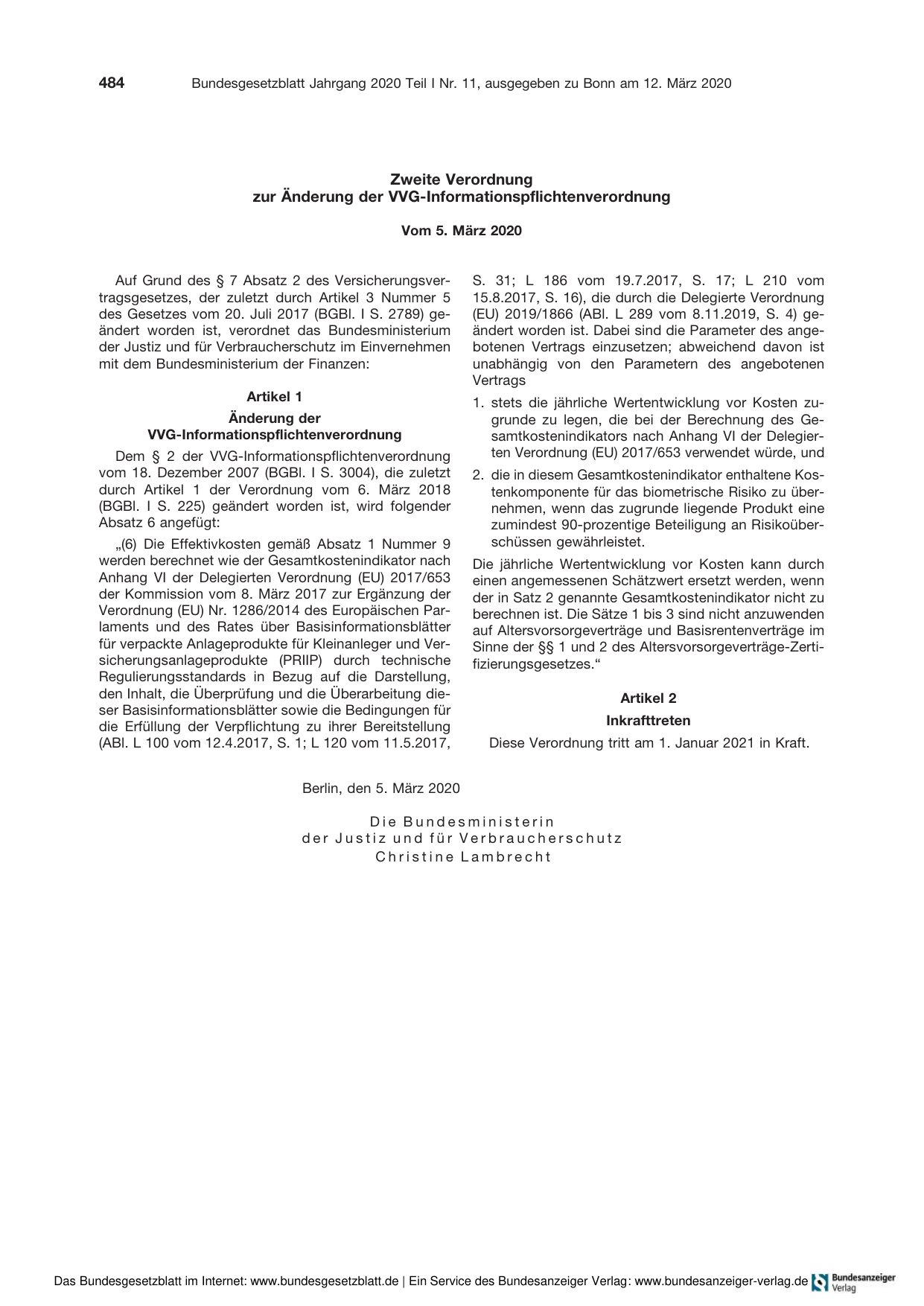 BGBl. 2020, Seite 484 — Originalseite als Abbildung