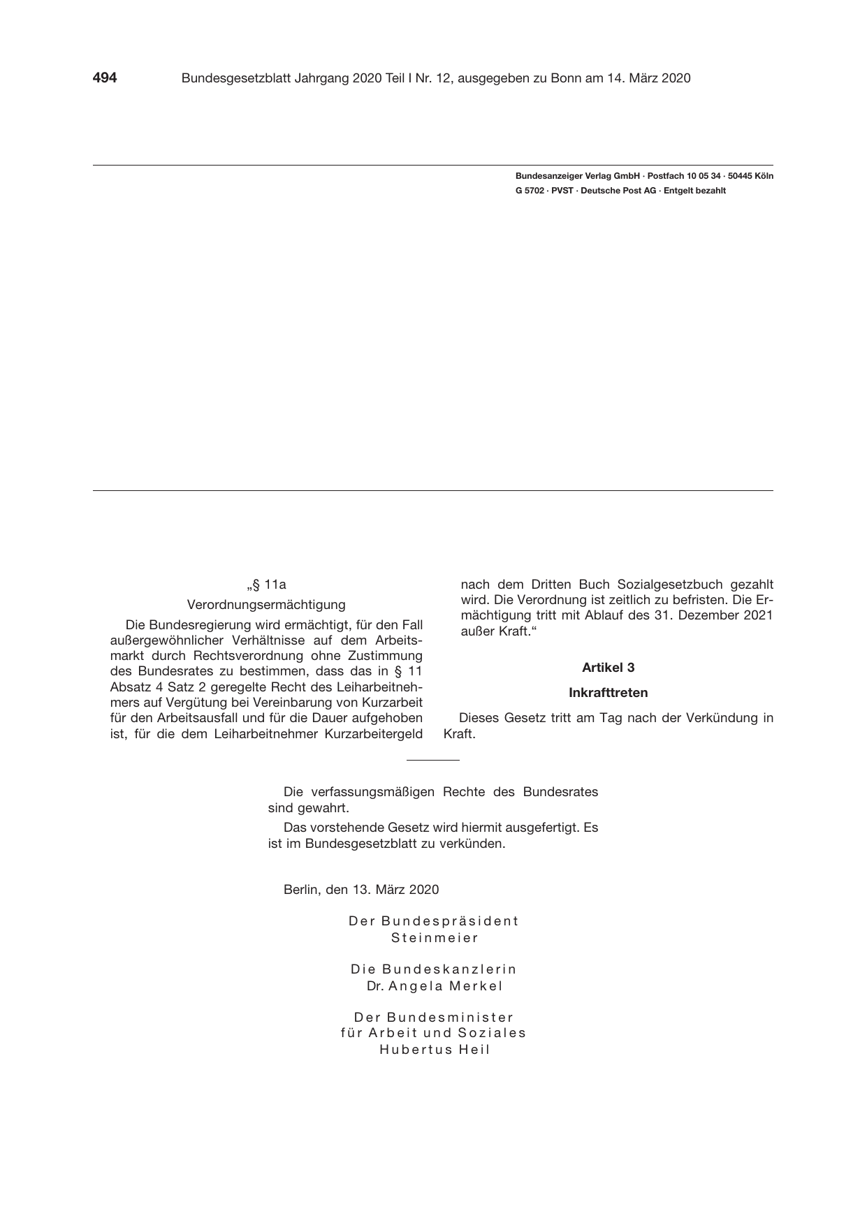 BGBl. 2020, Seite 494 — Originalseite als Abbildung