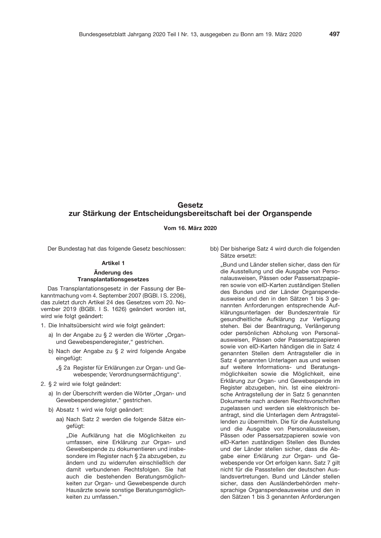 BGBl. 2020, Seite 497 — Originalseite als Abbildung