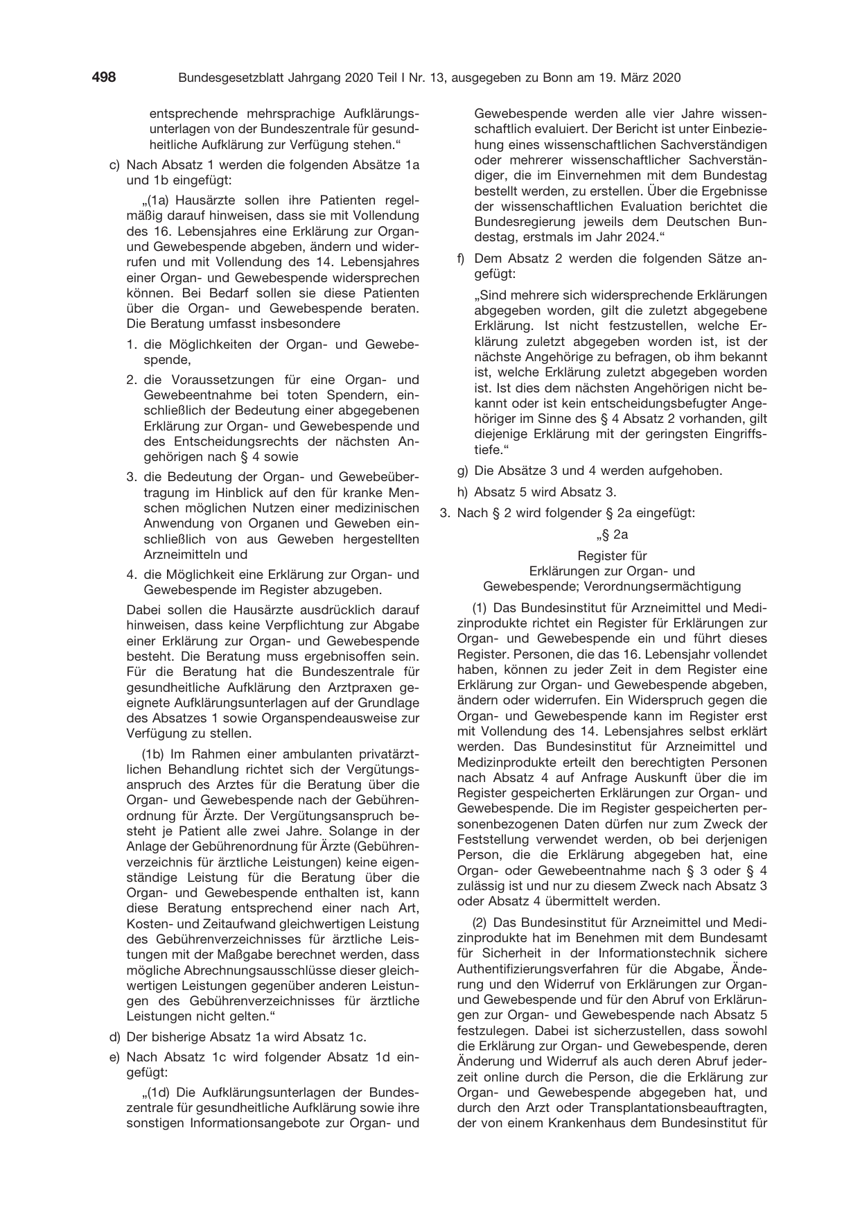 BGBl. 2020, Seite 498 — Originalseite als Abbildung