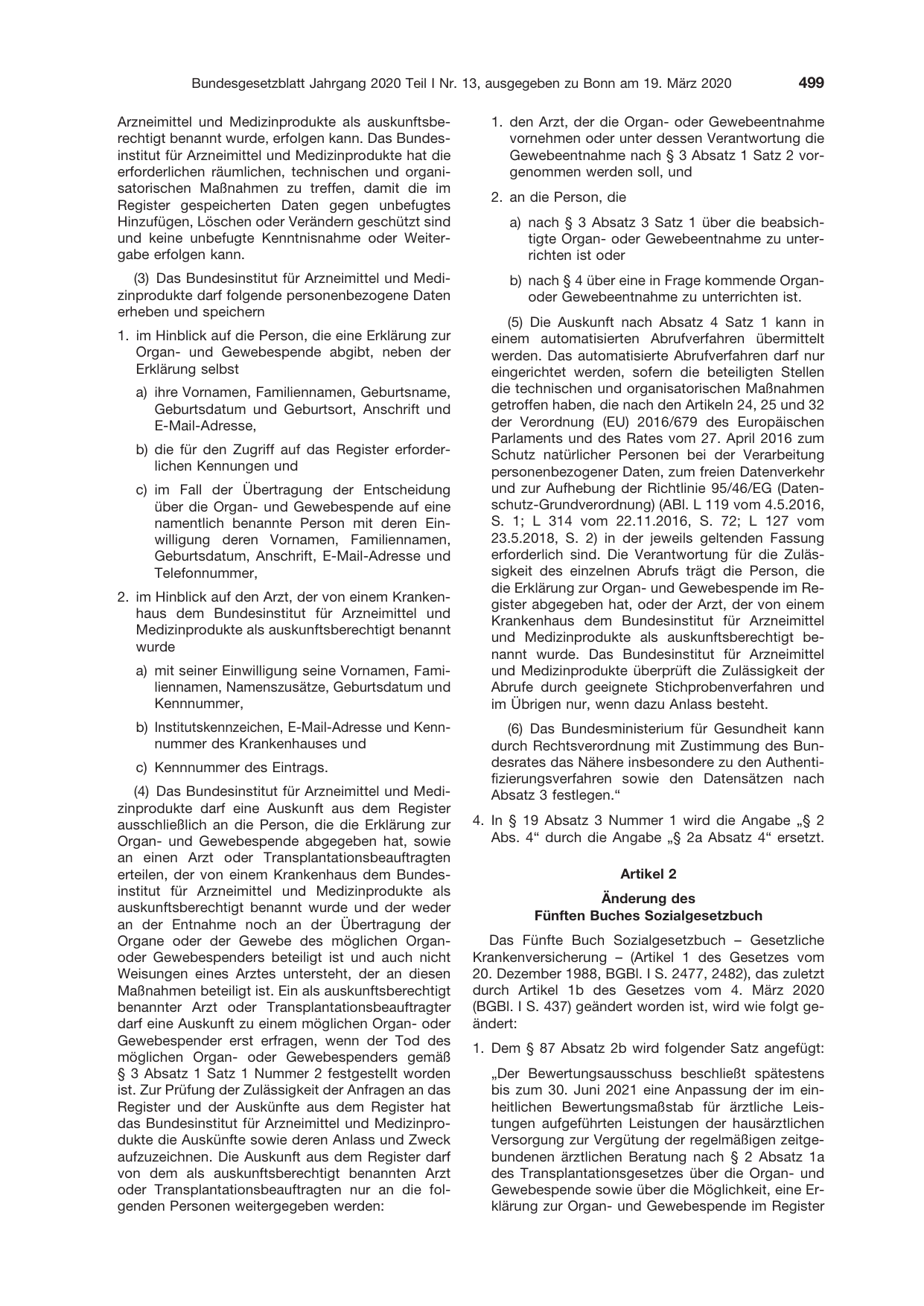 BGBl. 2020, Seite 499 — Originalseite als Abbildung