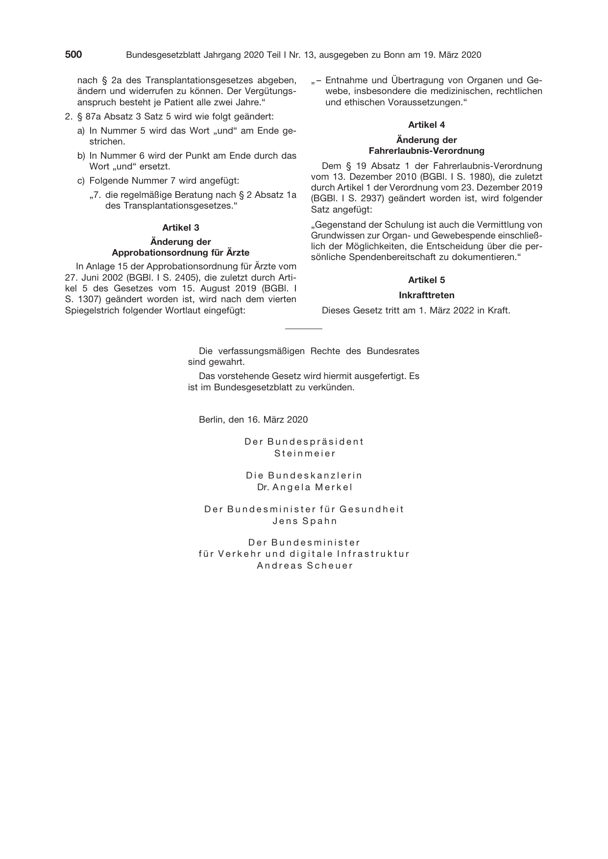 BGBl. 2020, Seite 500 — Originalseite als Abbildung