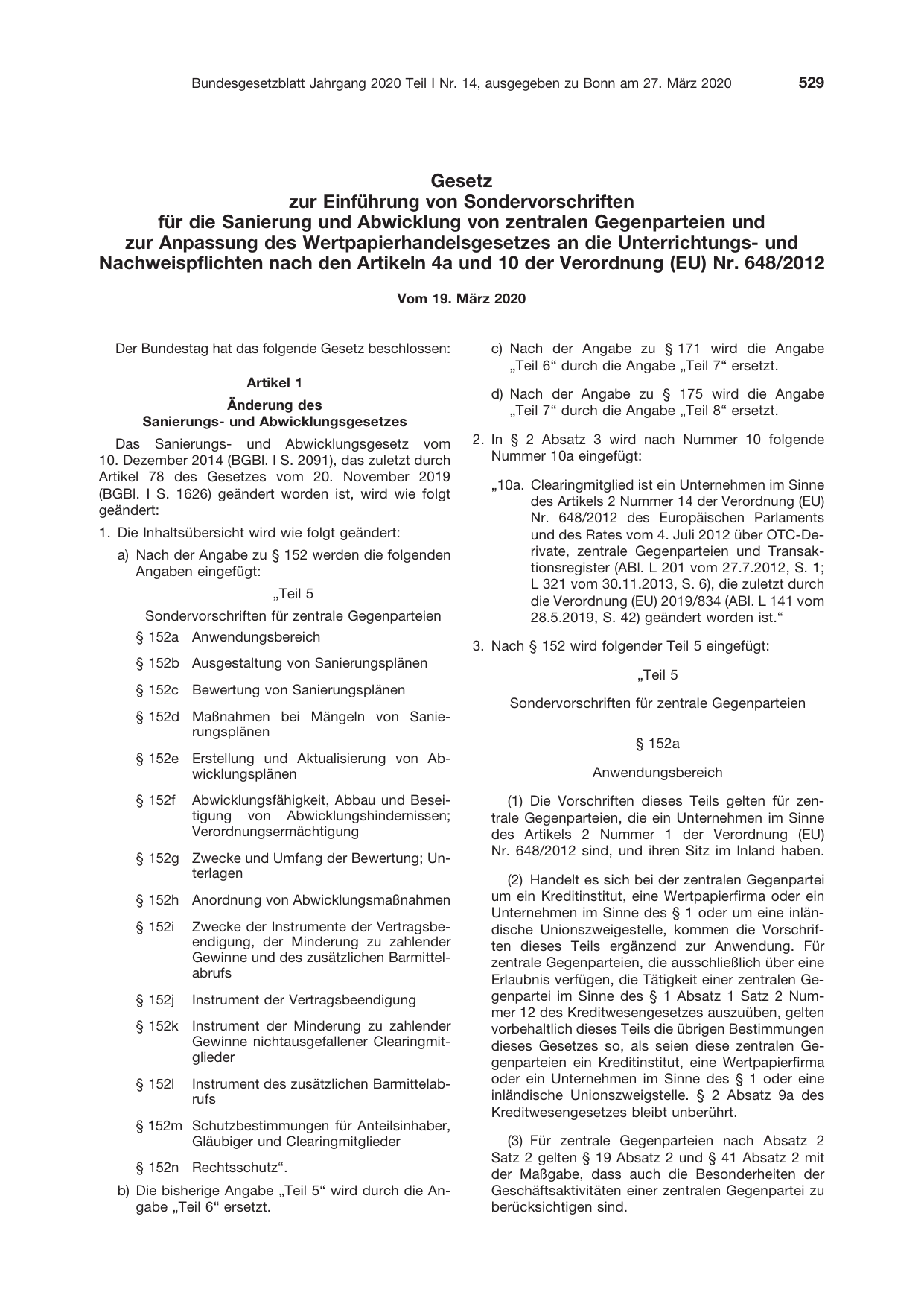 BGBl. 2020, Seite 529 — Originalseite als Abbildung
