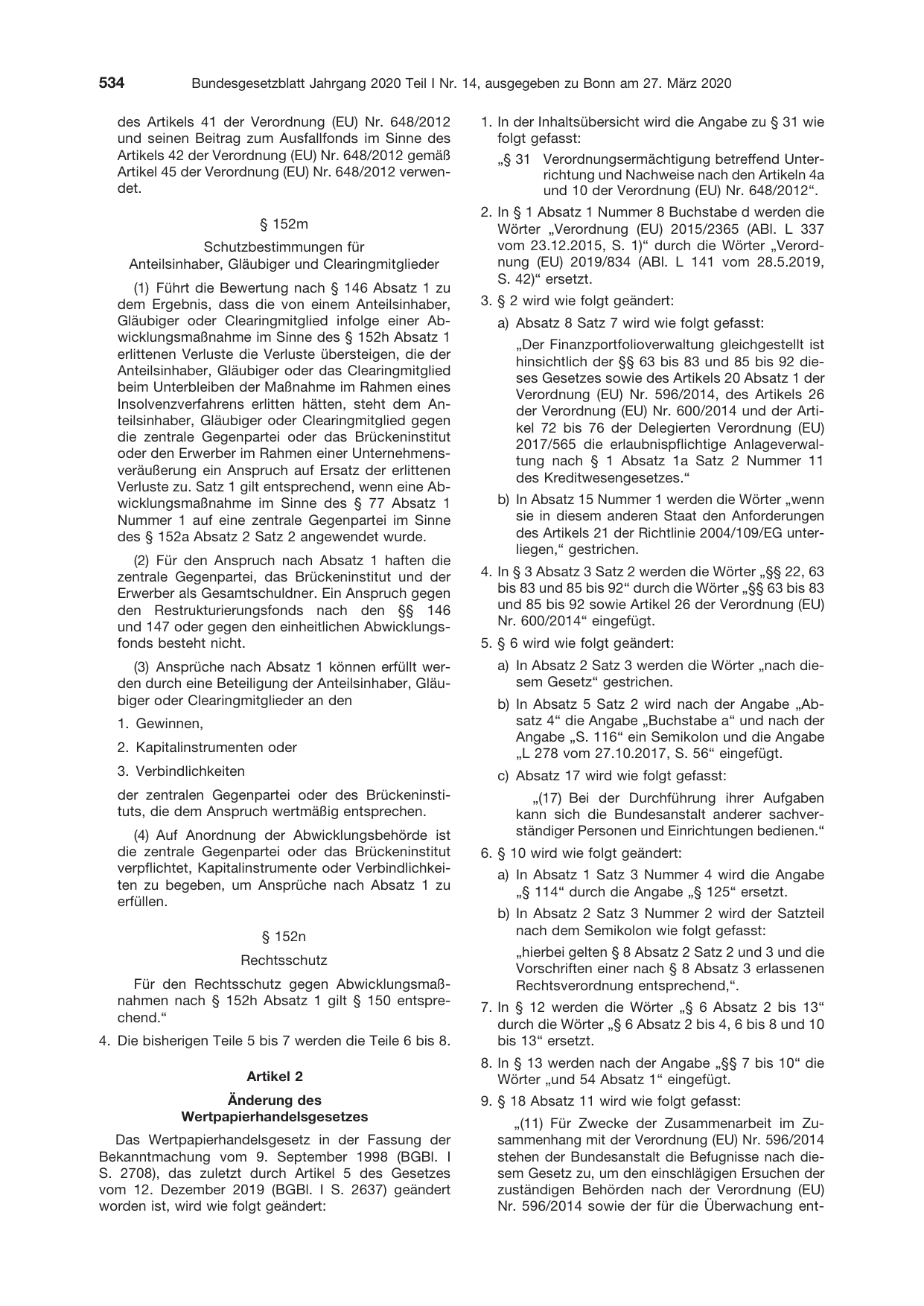 BGBl. 2020, Seite 534 — Originalseite als Abbildung
