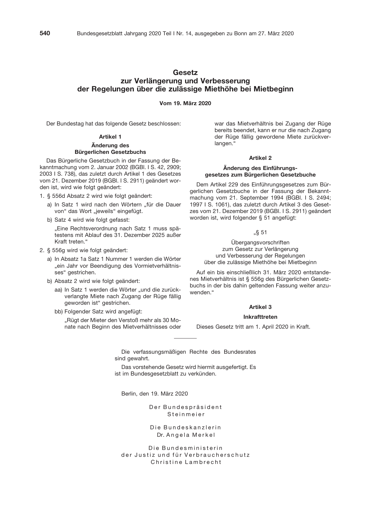 BGBl. 2020, Seite 540 — Originalseite als Abbildung