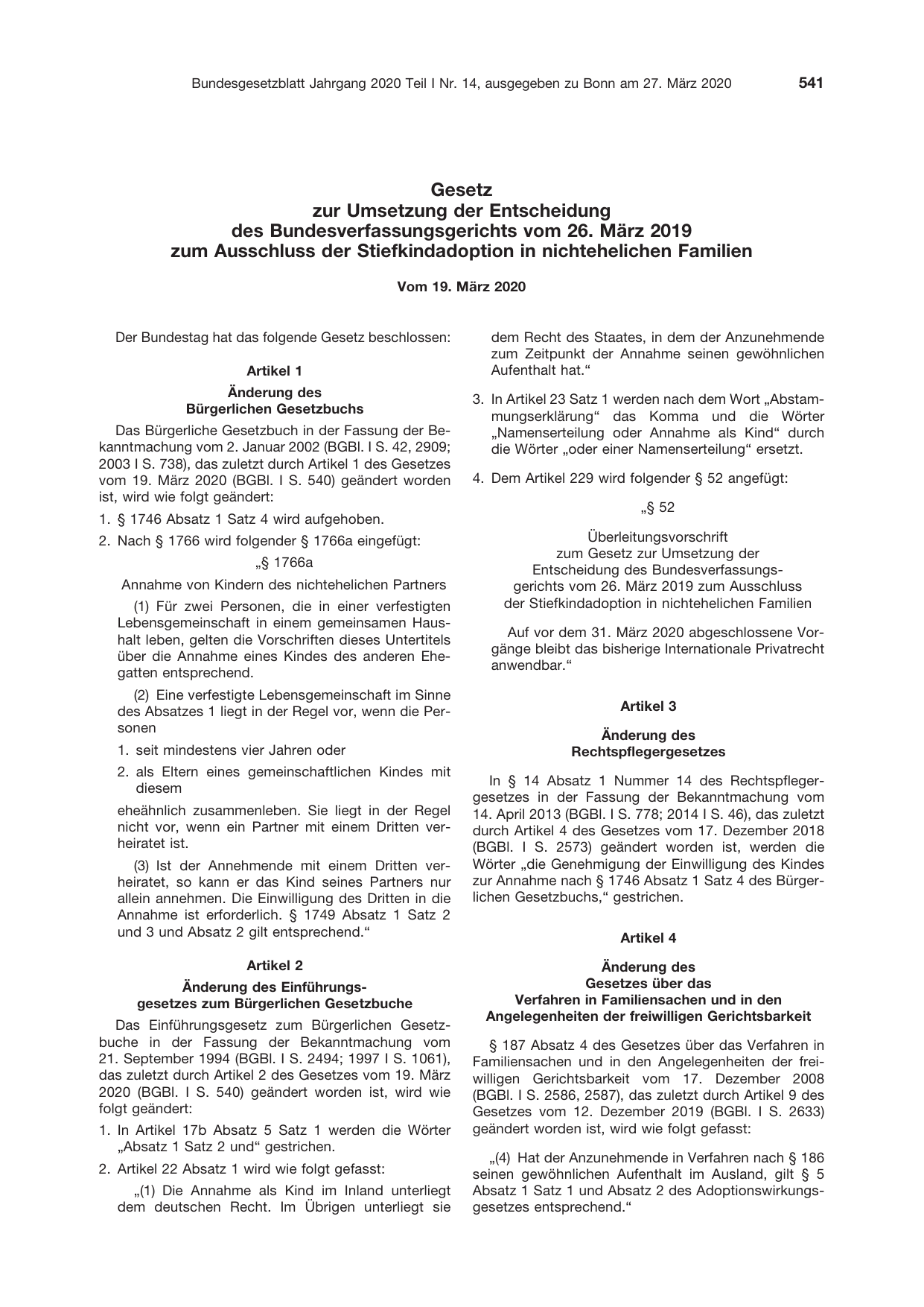 BGBl. 2020, Seite 541 — Originalseite als Abbildung
