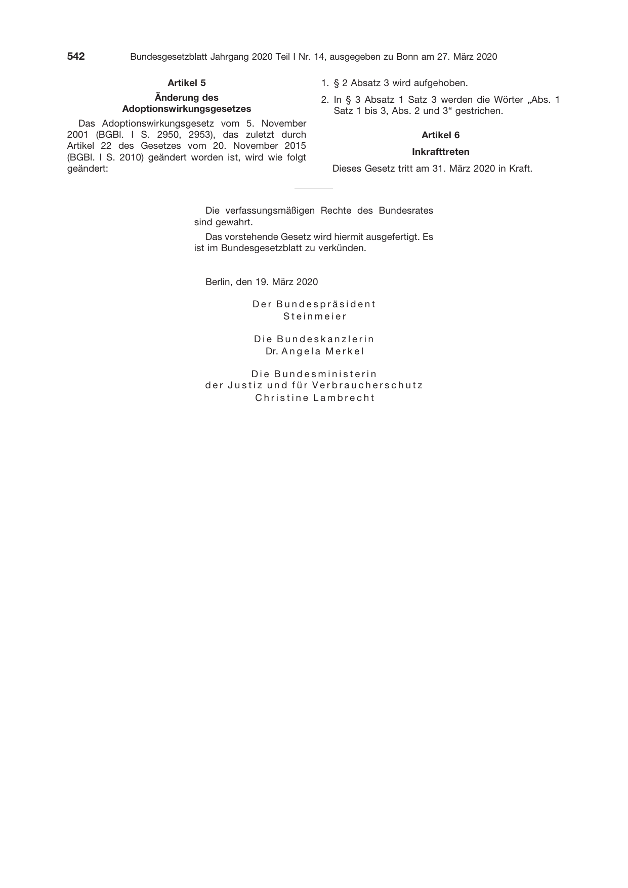 BGBl. 2020, Seite 542 — Originalseite als Abbildung