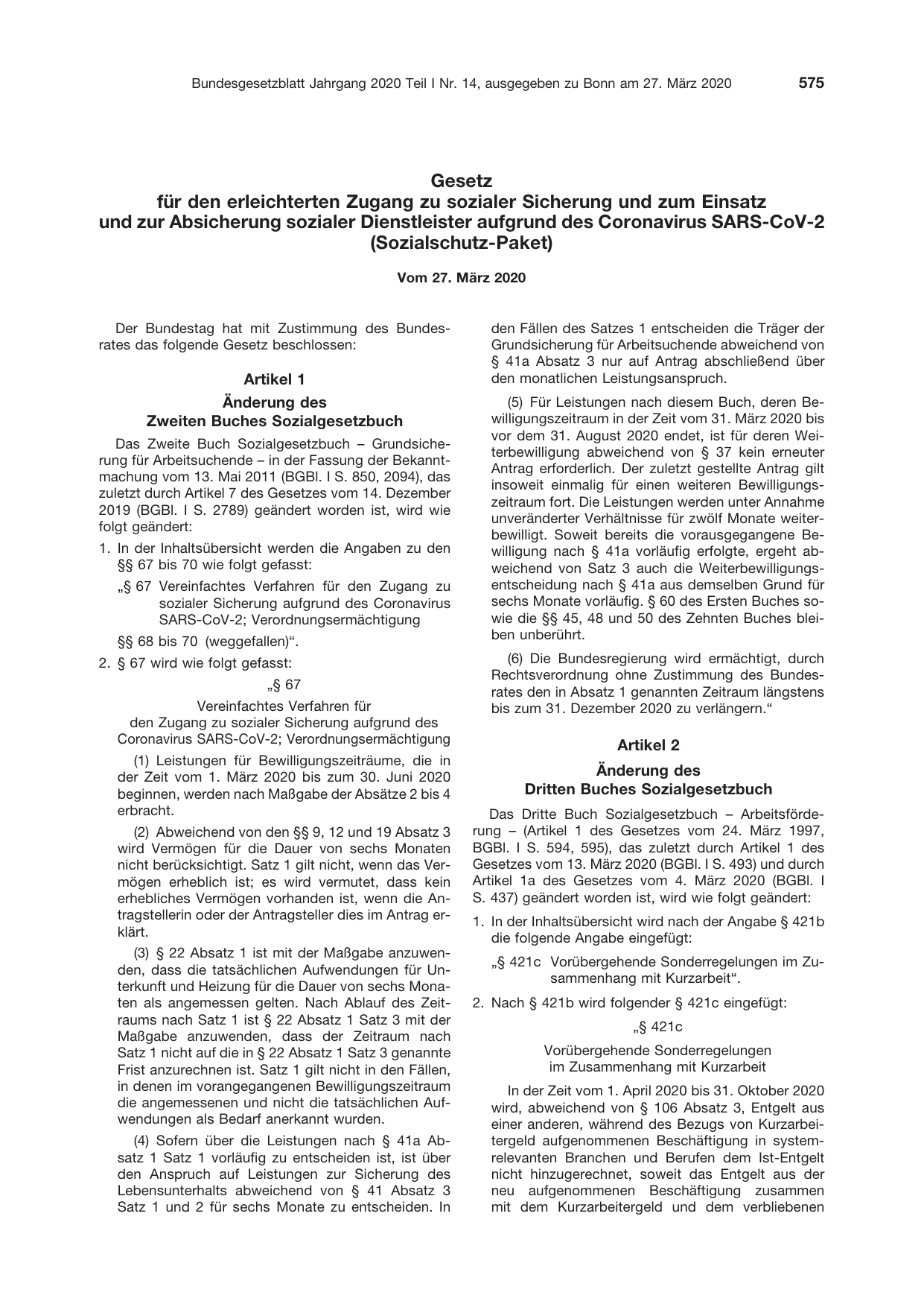 BGBl. 2020, Seite 575 — Originalseite als Abbildung