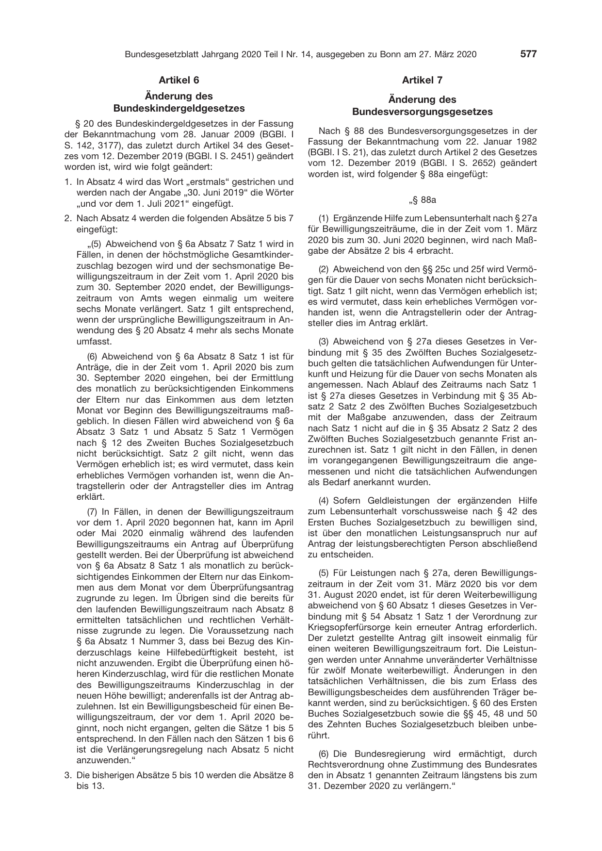 BGBl. 2020, Seite 577 — Originalseite als Abbildung