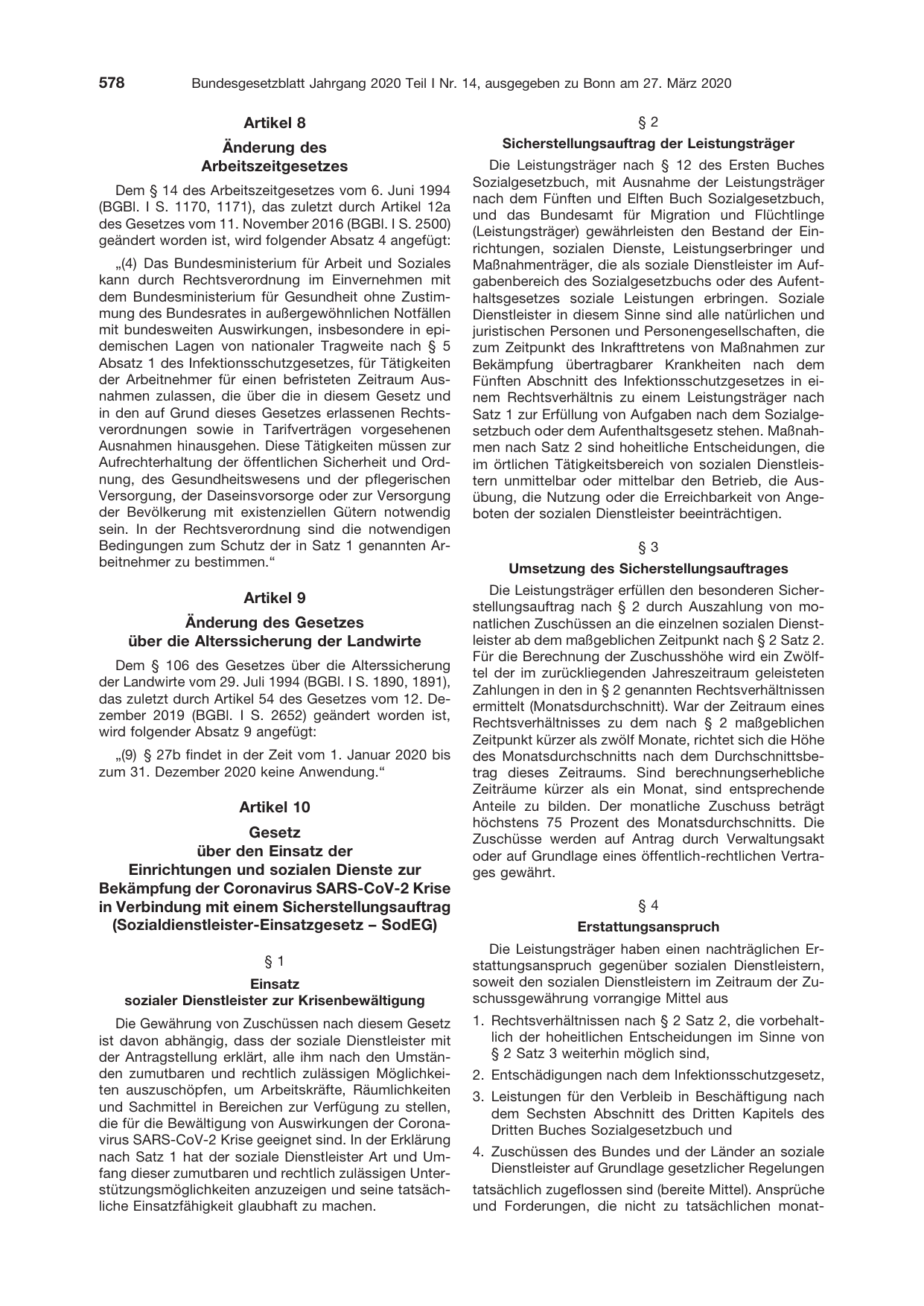 BGBl. 2020, Seite 578 — Originalseite als Abbildung