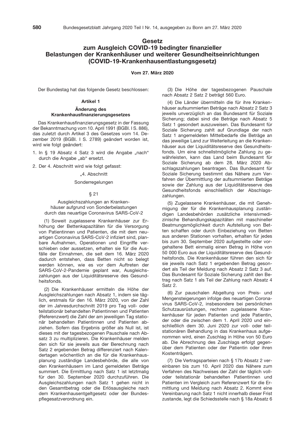 BGBl. 2020, Seite 580 — Originalseite als Abbildung