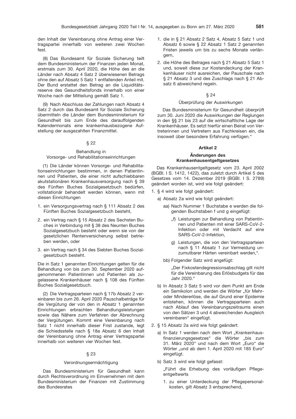 BGBl. 2020, Seite 581 — Originalseite als Abbildung