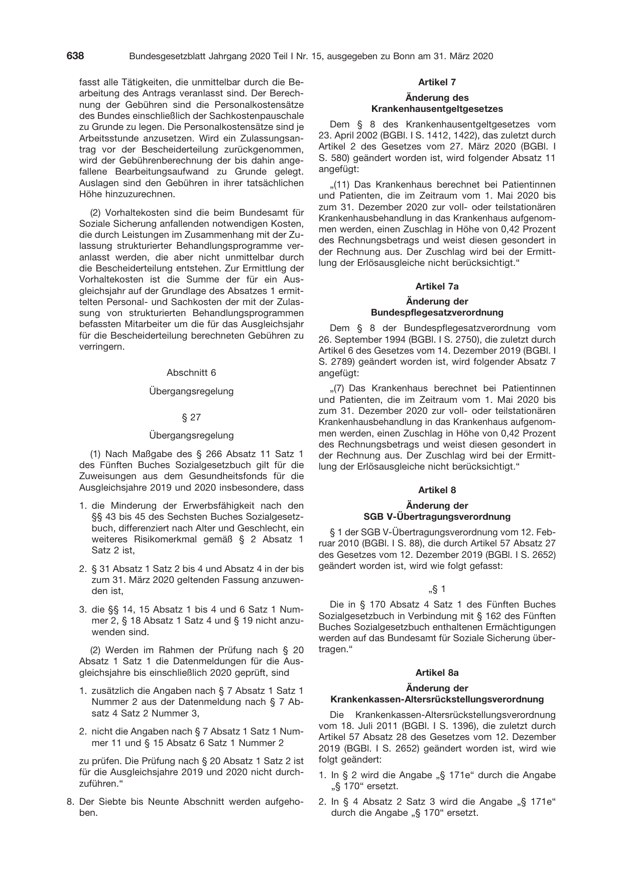 BGBl. 2020, Seite 638 — Originalseite als Abbildung