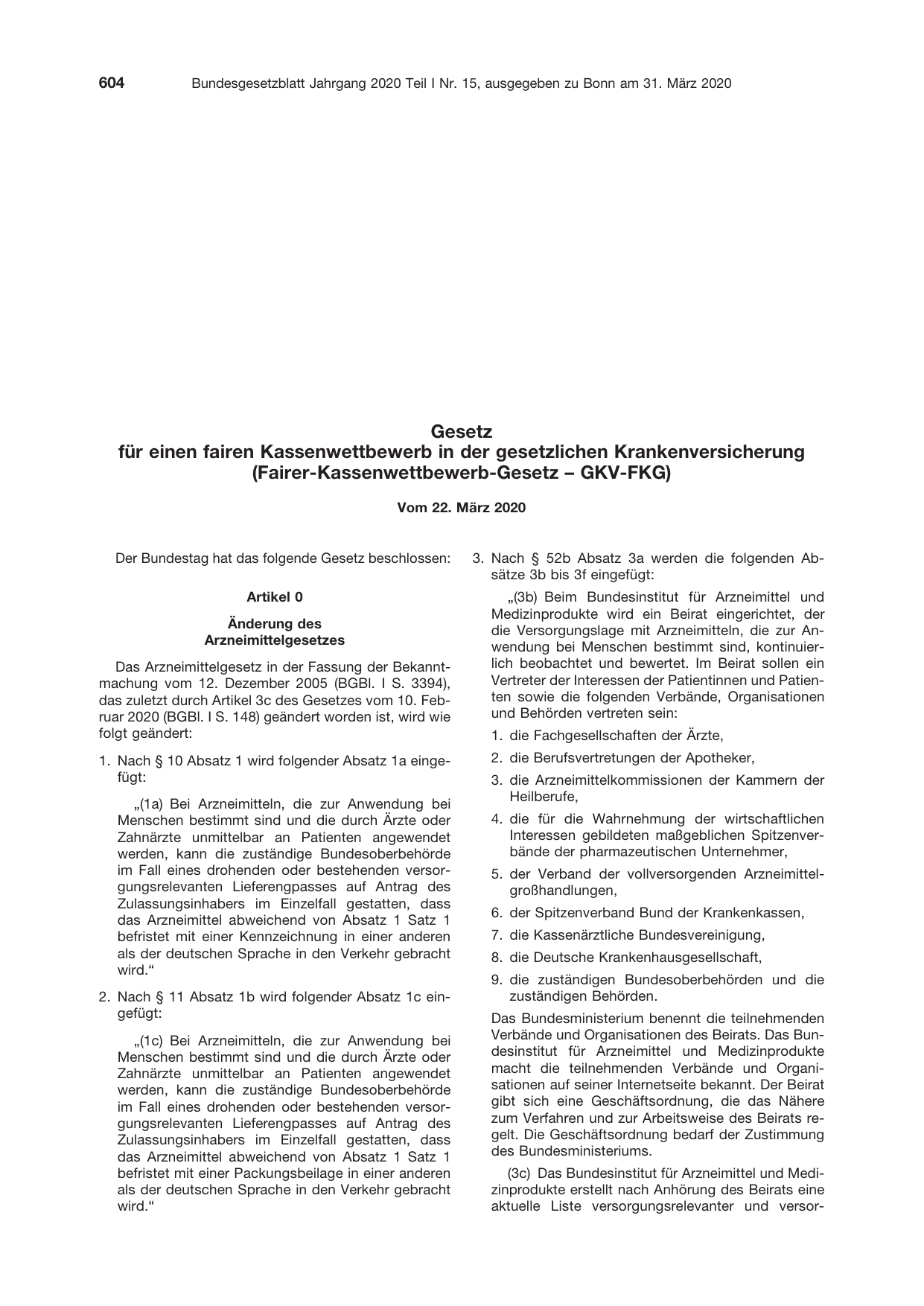 BGBl. 2020, Seite 604 — Originalseite als Abbildung