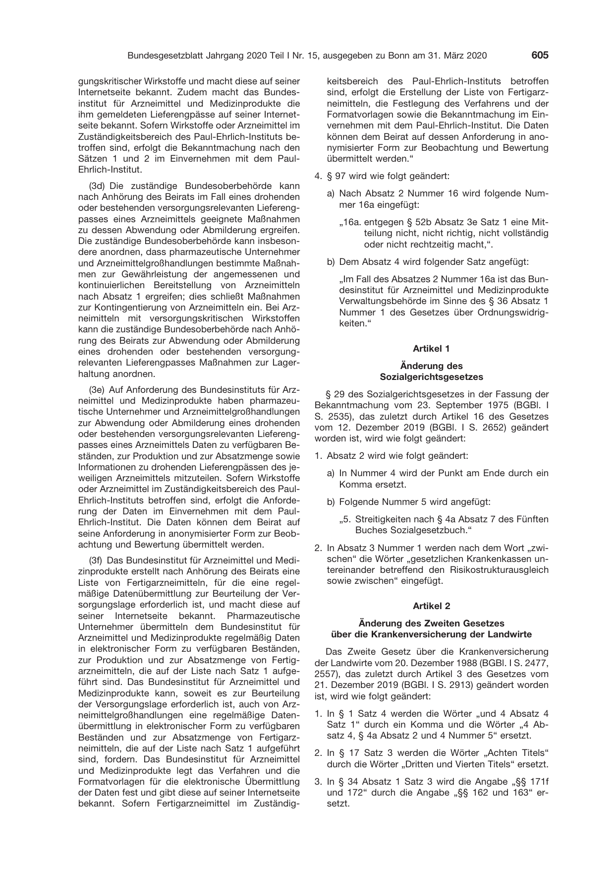 BGBl. 2020, Seite 605 — Originalseite als Abbildung