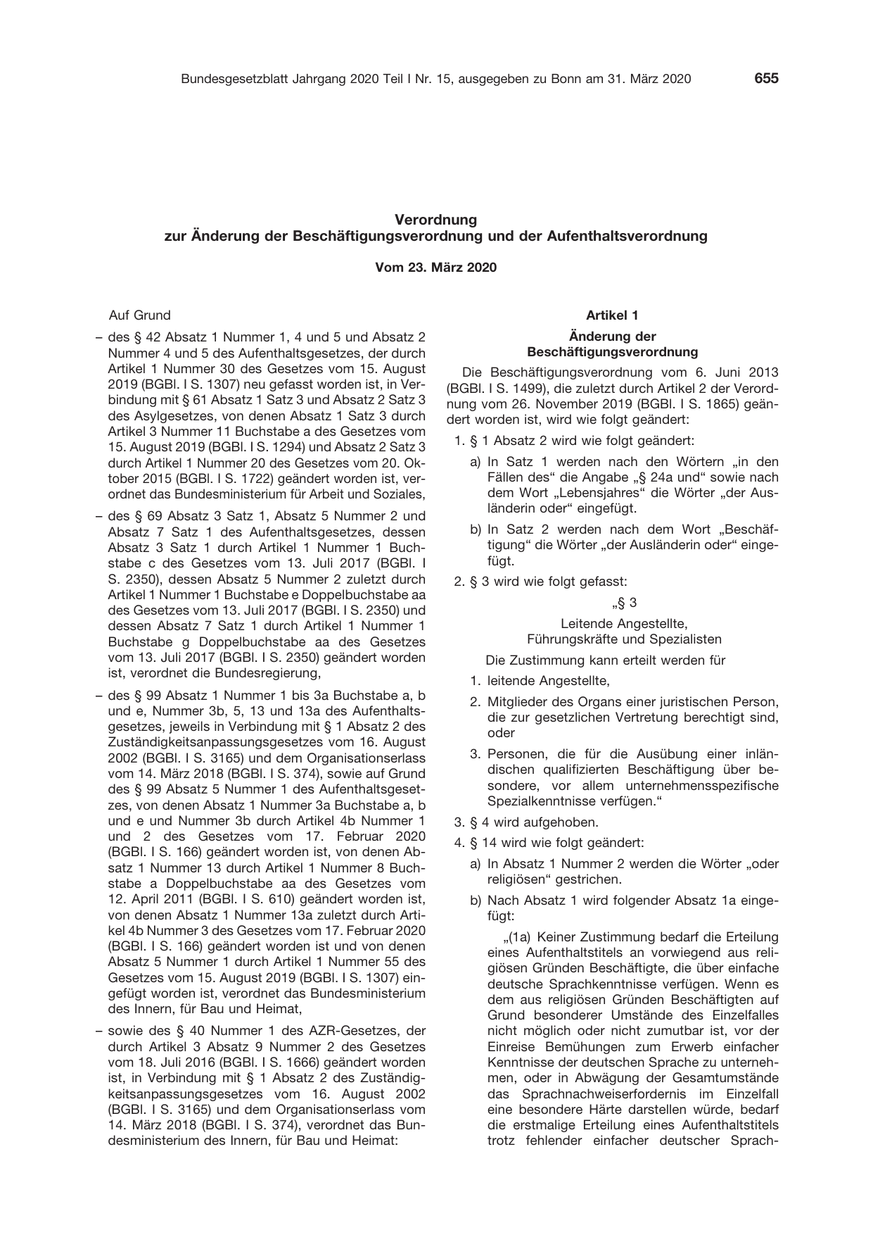 BGBl. 2020, Seite 655 — Originalseite als Abbildung