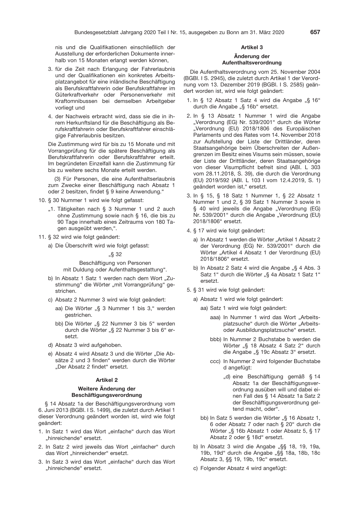 BGBl. 2020, Seite 657 — Originalseite als Abbildung
