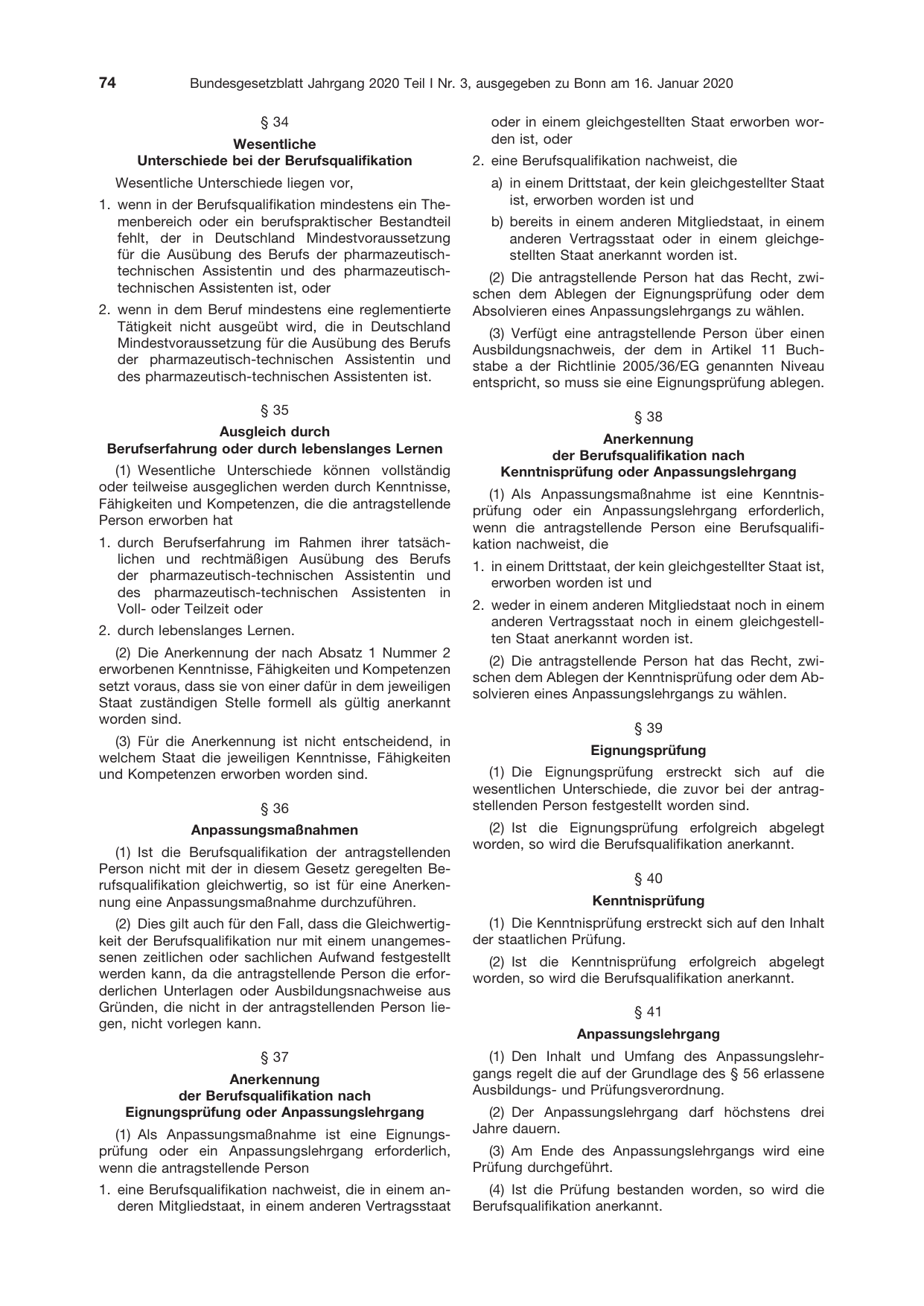 BGBl. 2020, Seite 74 — Originalseite als Abbildung