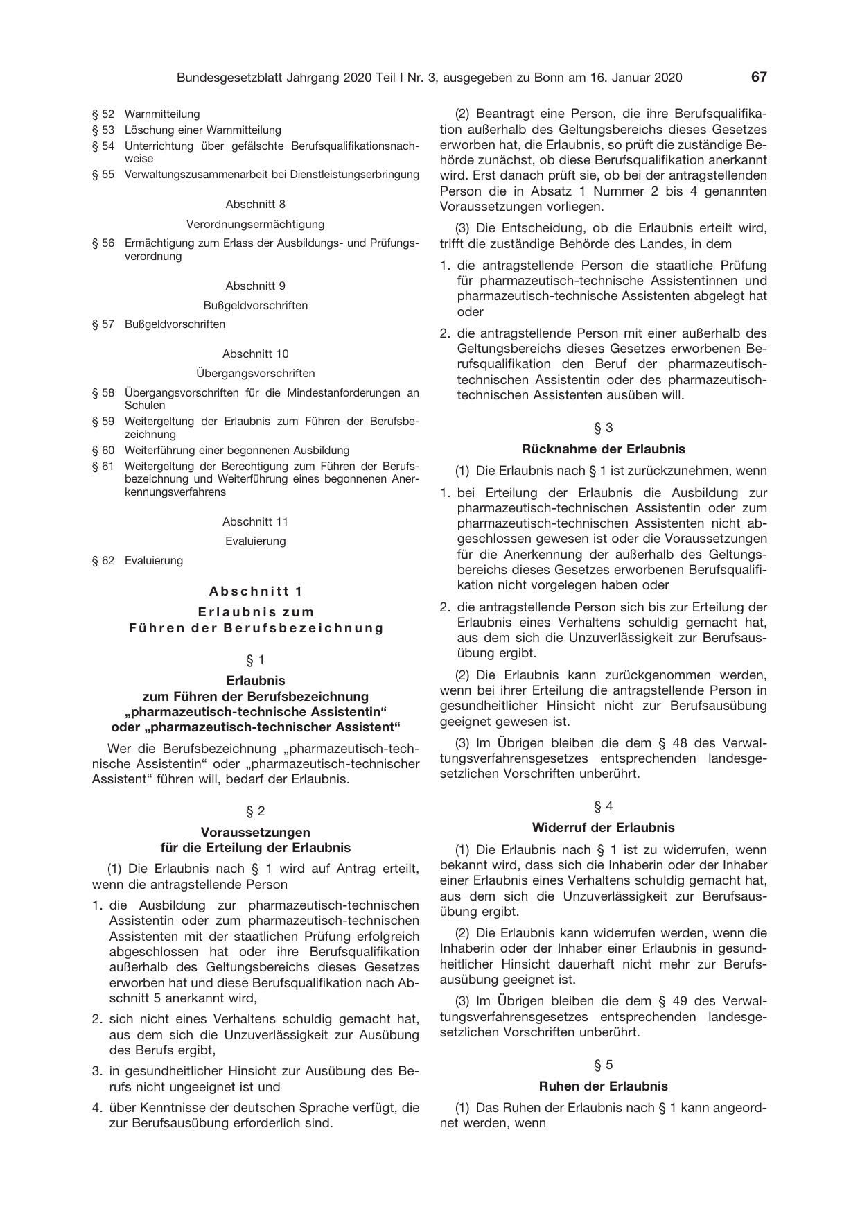 BGBl. 2020, Seite 67 — Originalseite als Abbildung