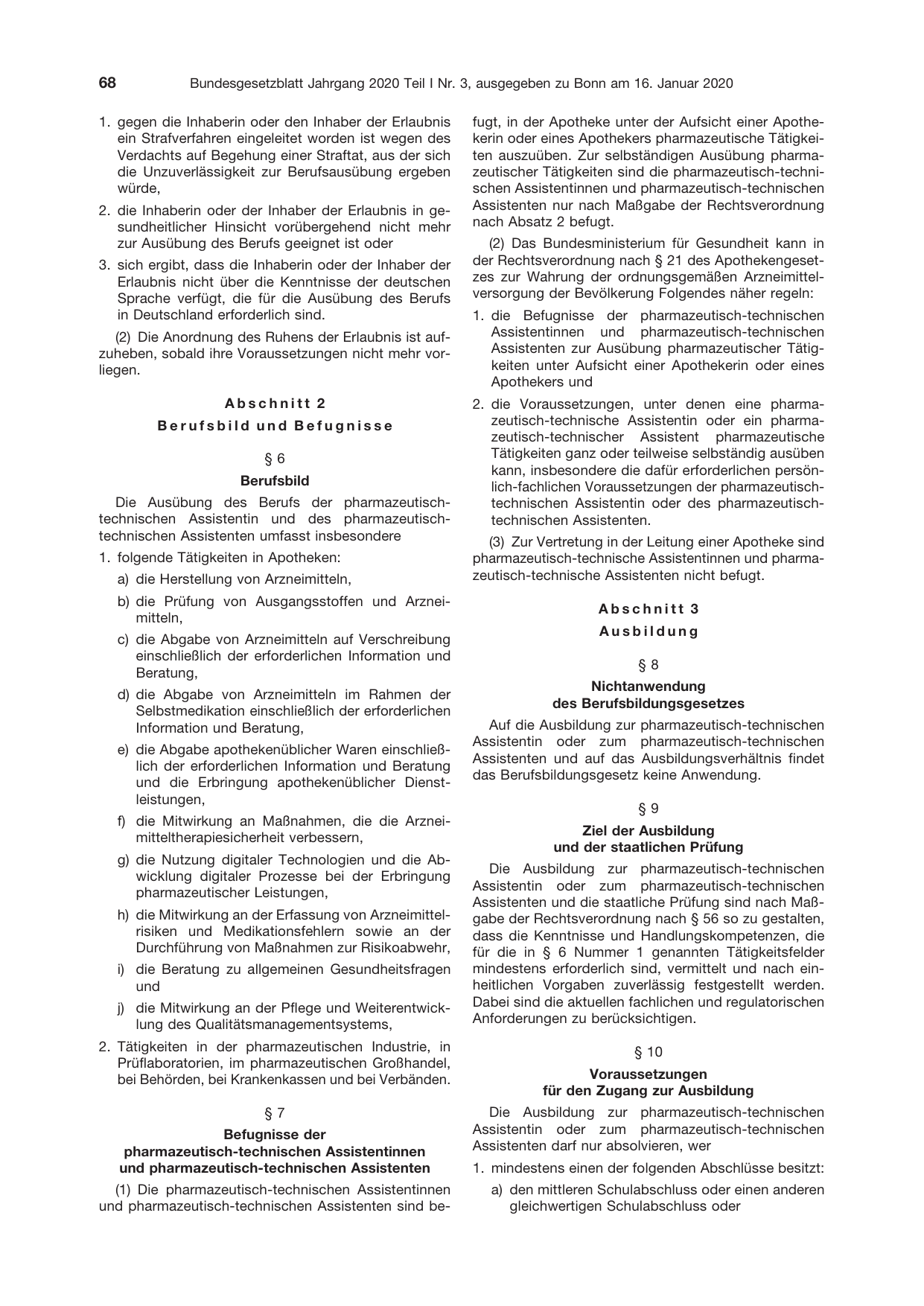 BGBl. 2020, Seite 68 — Originalseite als Abbildung