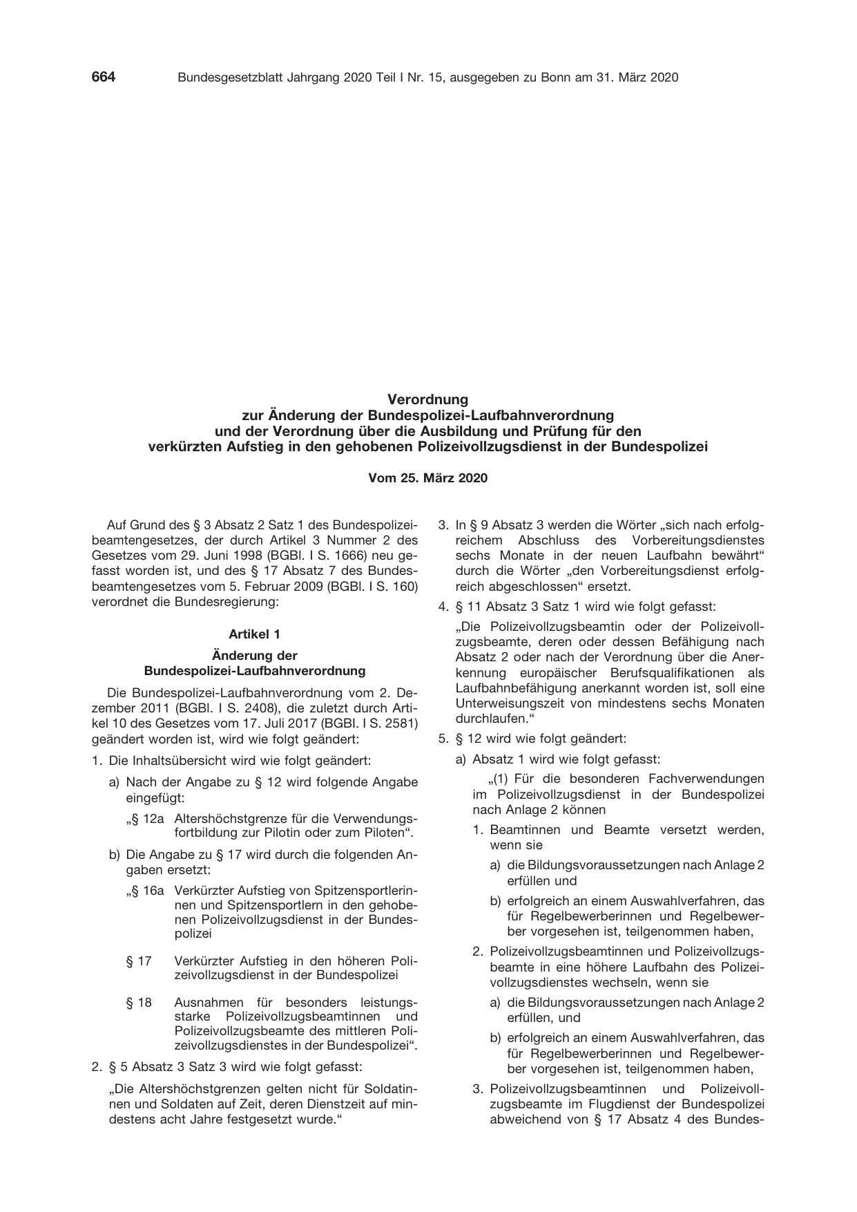 BGBl. 2020, Seite 664 — Originalseite als Abbildung