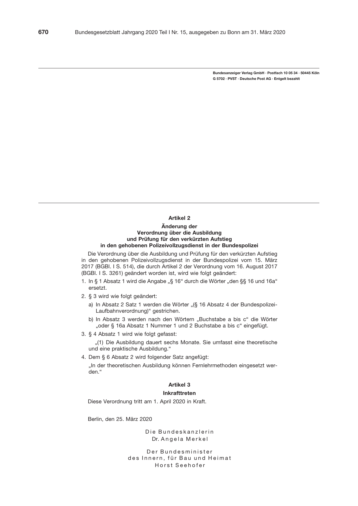 BGBl. 2020, Seite 670 — Originalseite als Abbildung
