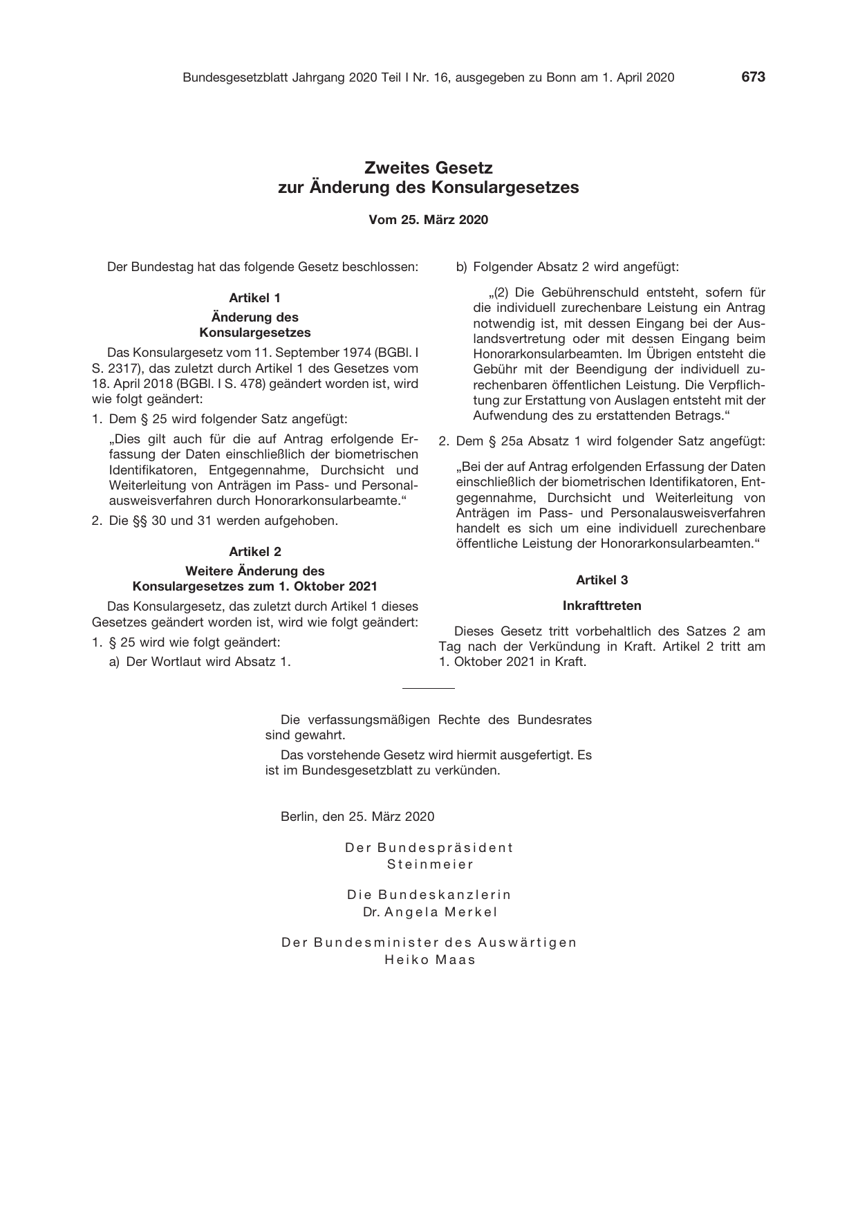 BGBl. 2020, Seite 673 — Originalseite als Abbildung