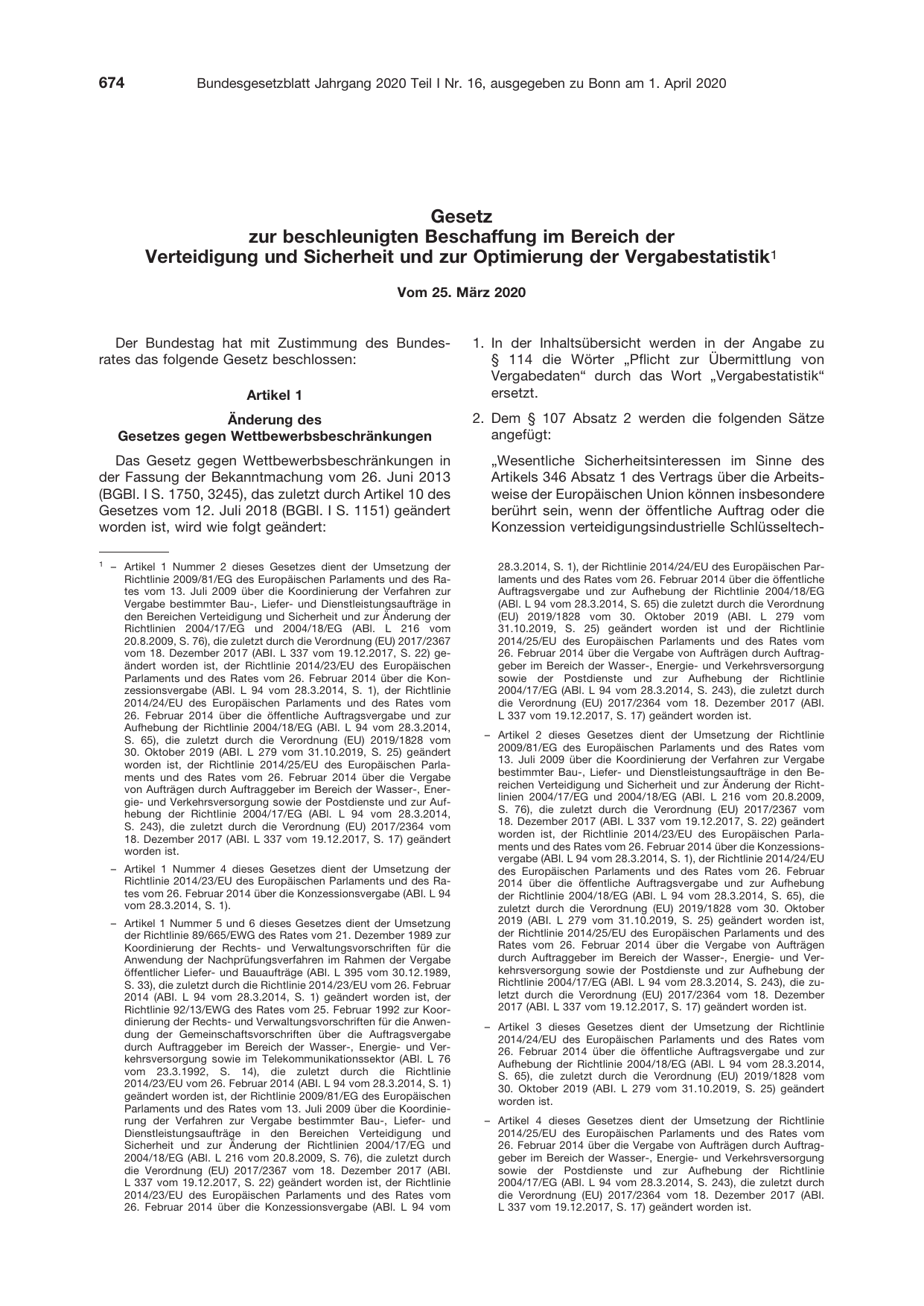 BGBl. 2020, Seite 674 — Originalseite als Abbildung